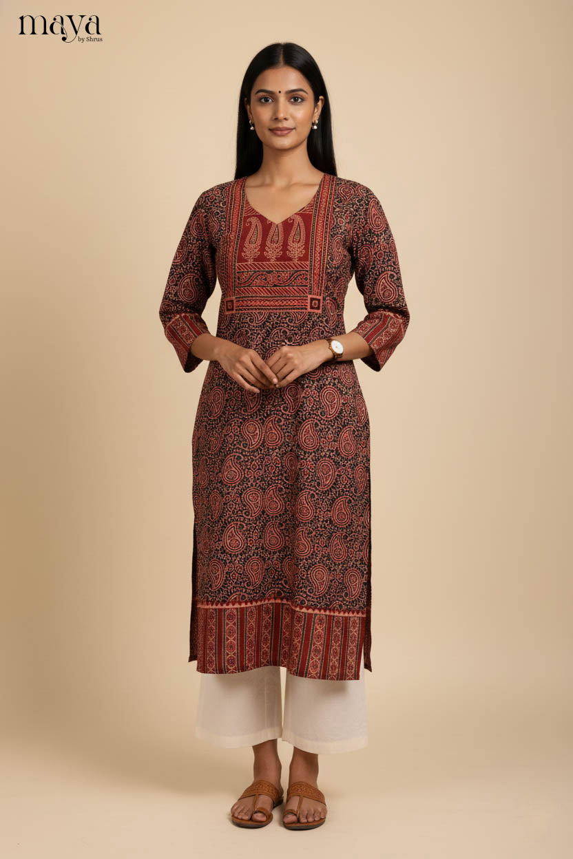 Black & Red-Ajrakh printed Readymade Kurti