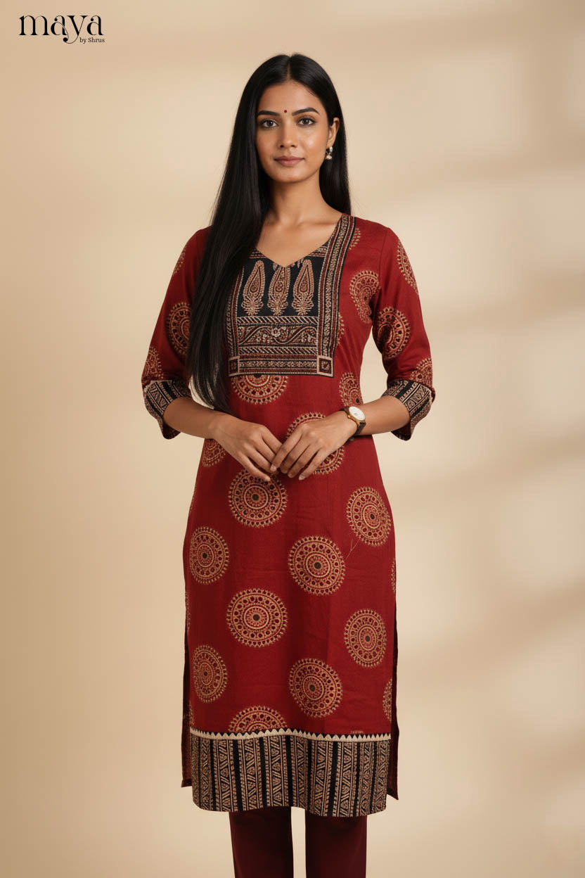 Red & Black Ajrakh Printed Readymade Kurti