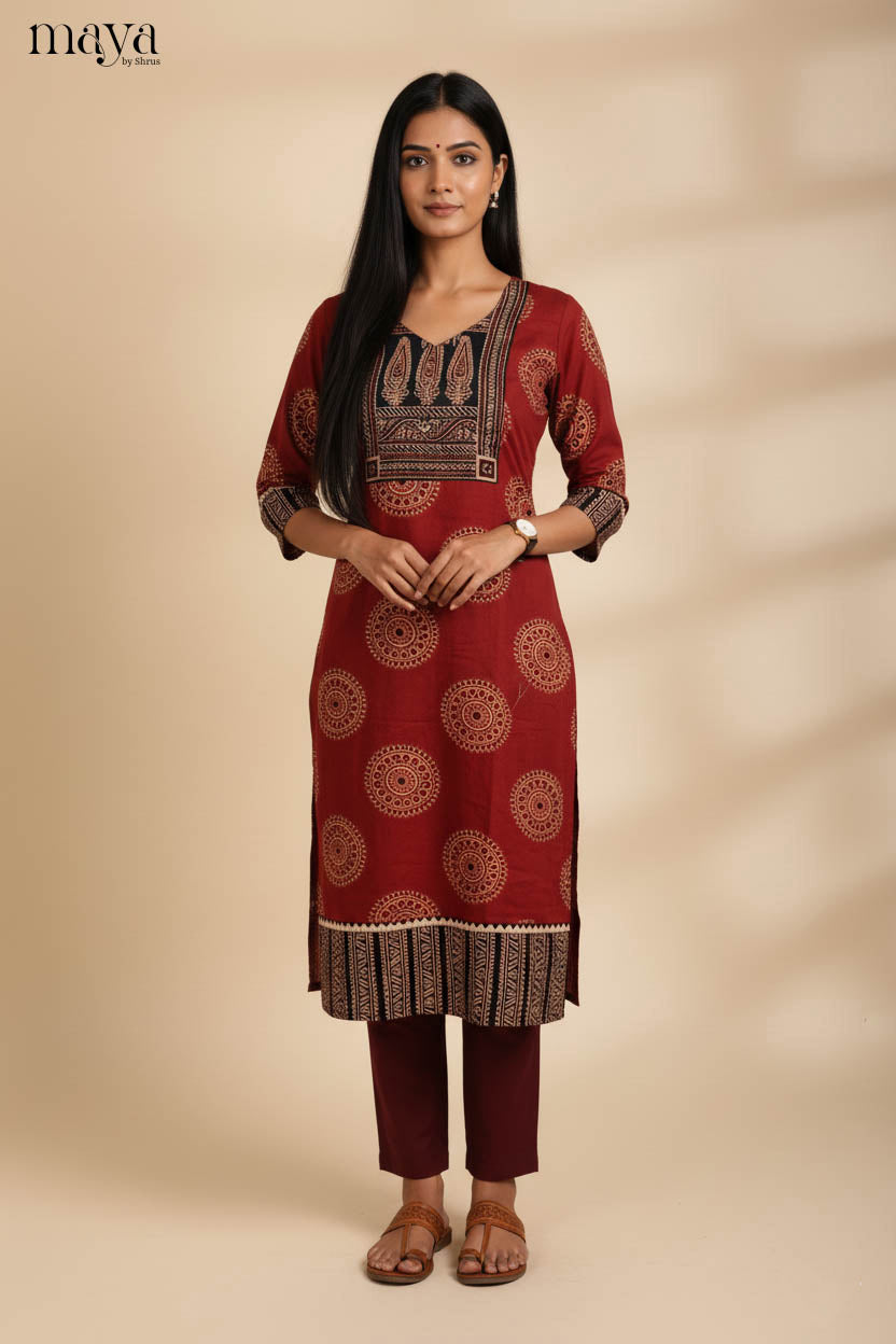 Red & Black Ajrakh Printed Readymade Kurti