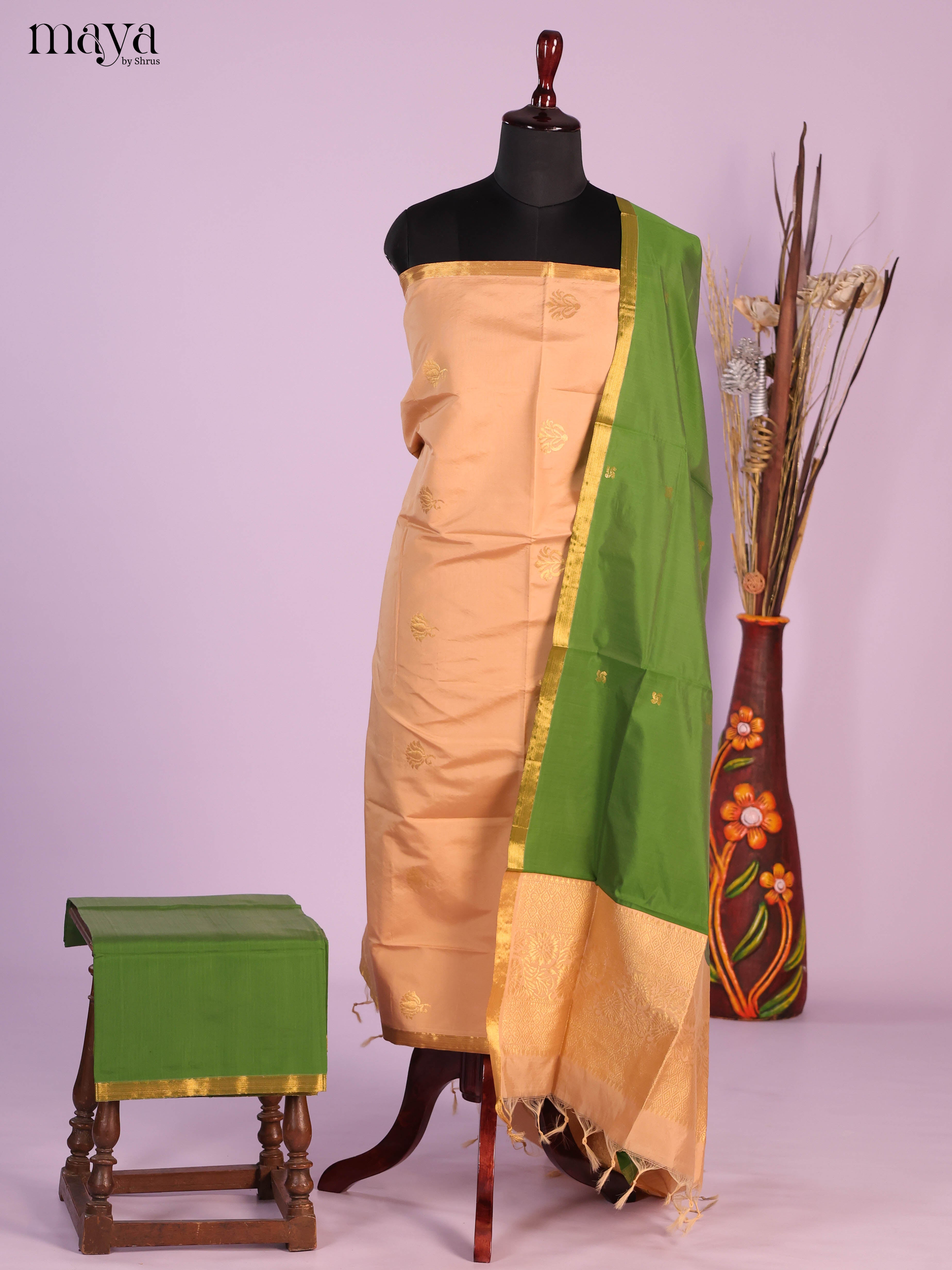 Peach & Green-semi softsilk salwar Unstitch