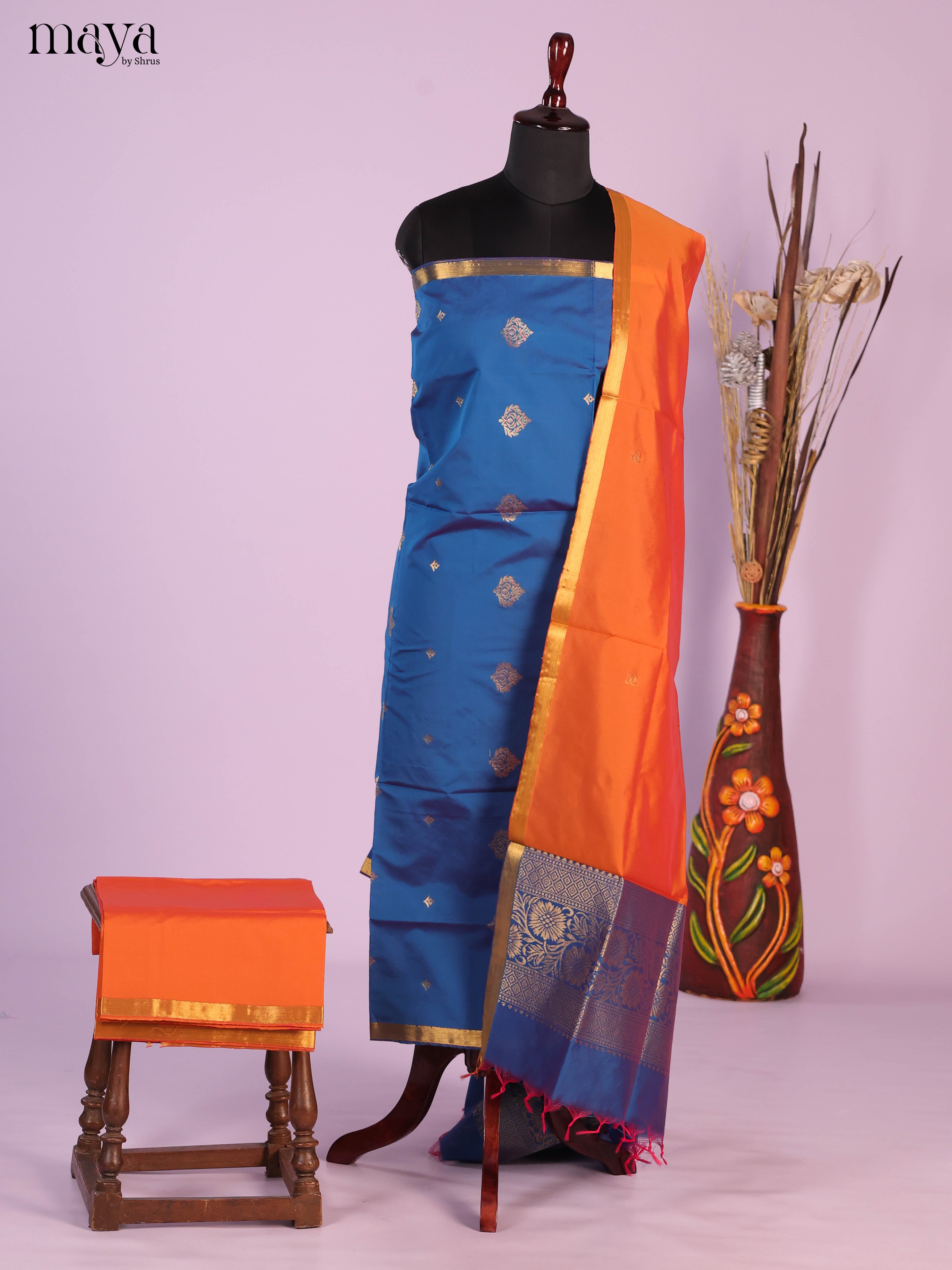 Blue & Orange -semi softsilk salwar Unstitch