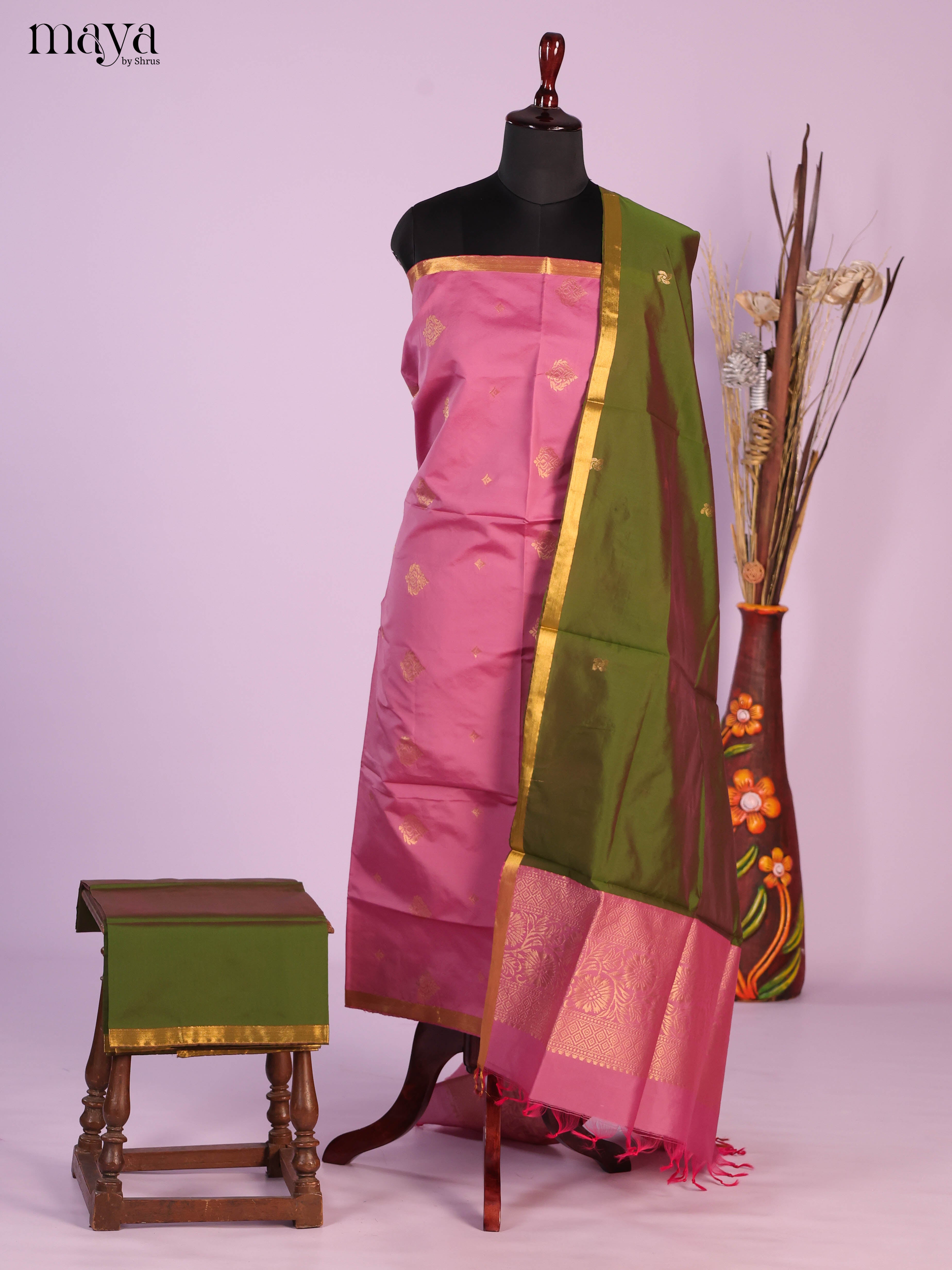 Pink & Green -semi softsilk salwar Unstitch