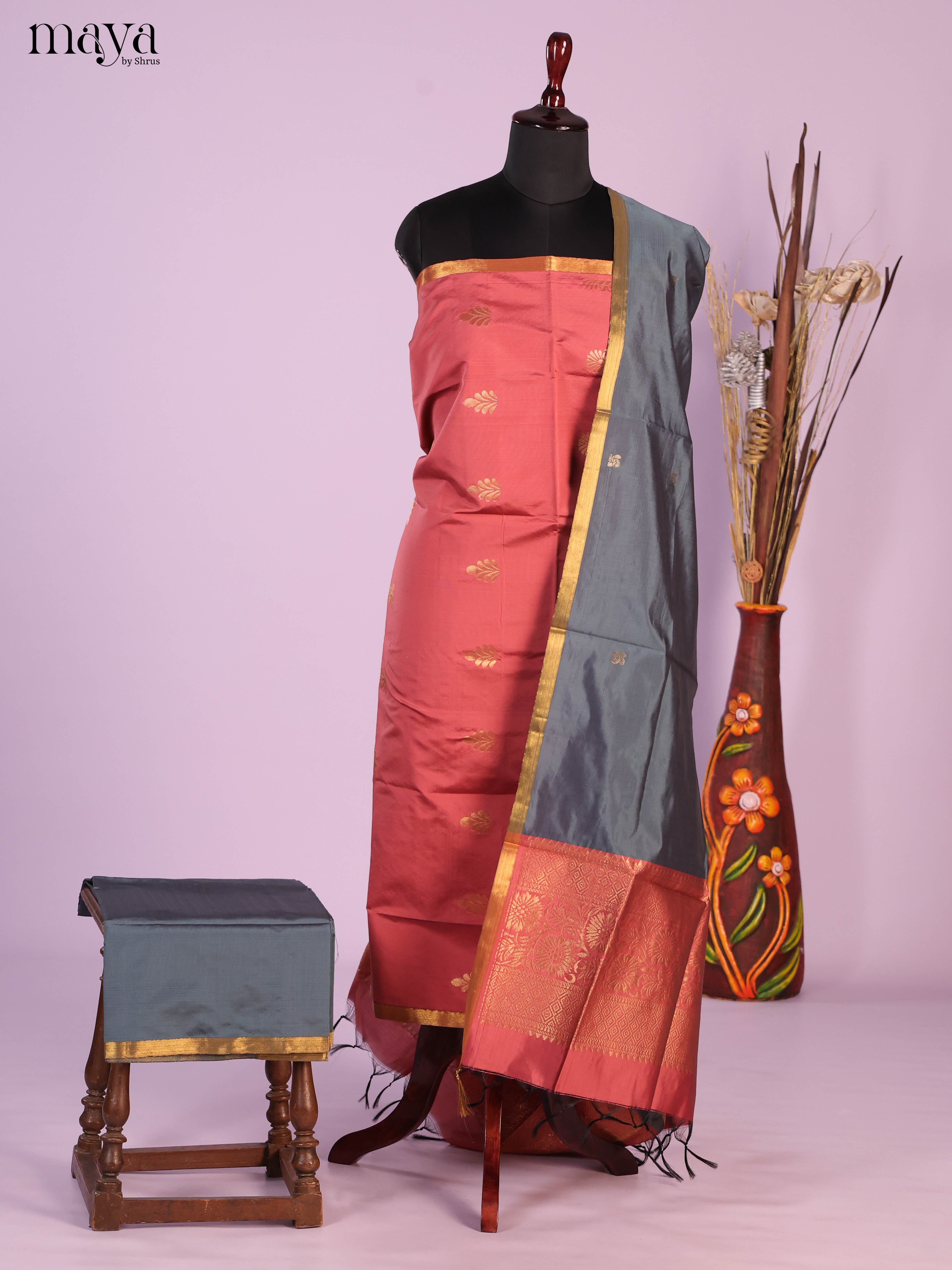 Brick & Grey-semi softsilk salwar Unstitch