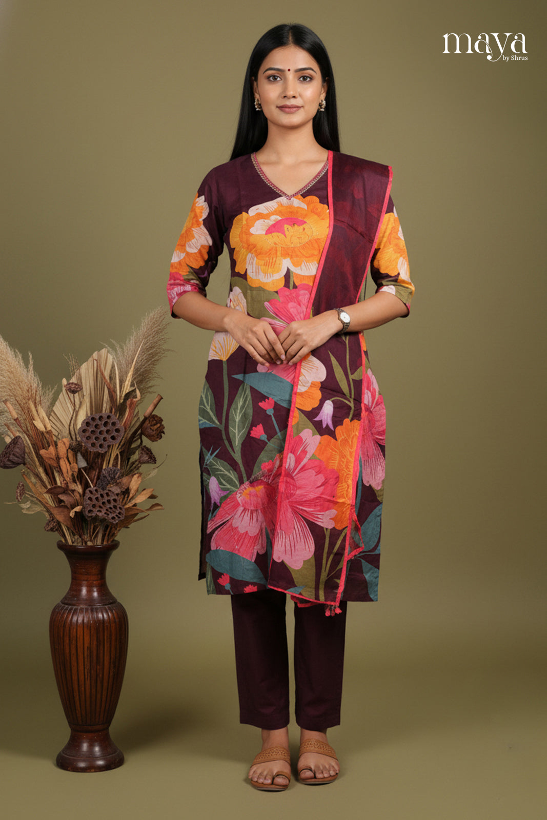 Purple - Floral printed Readymade 3 Piece Salwar
