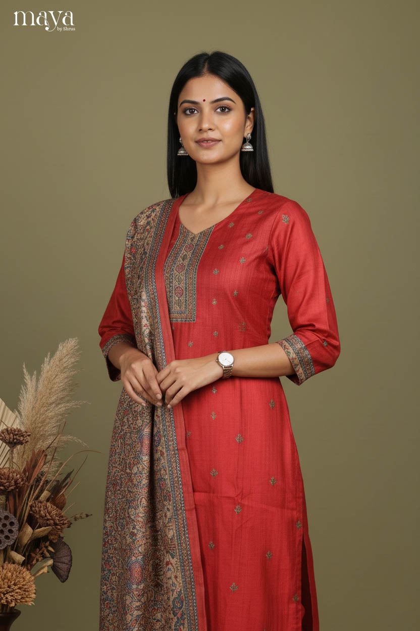 Red- Madhubani Printed Semi tussar Readymade 3 Piece Salwar