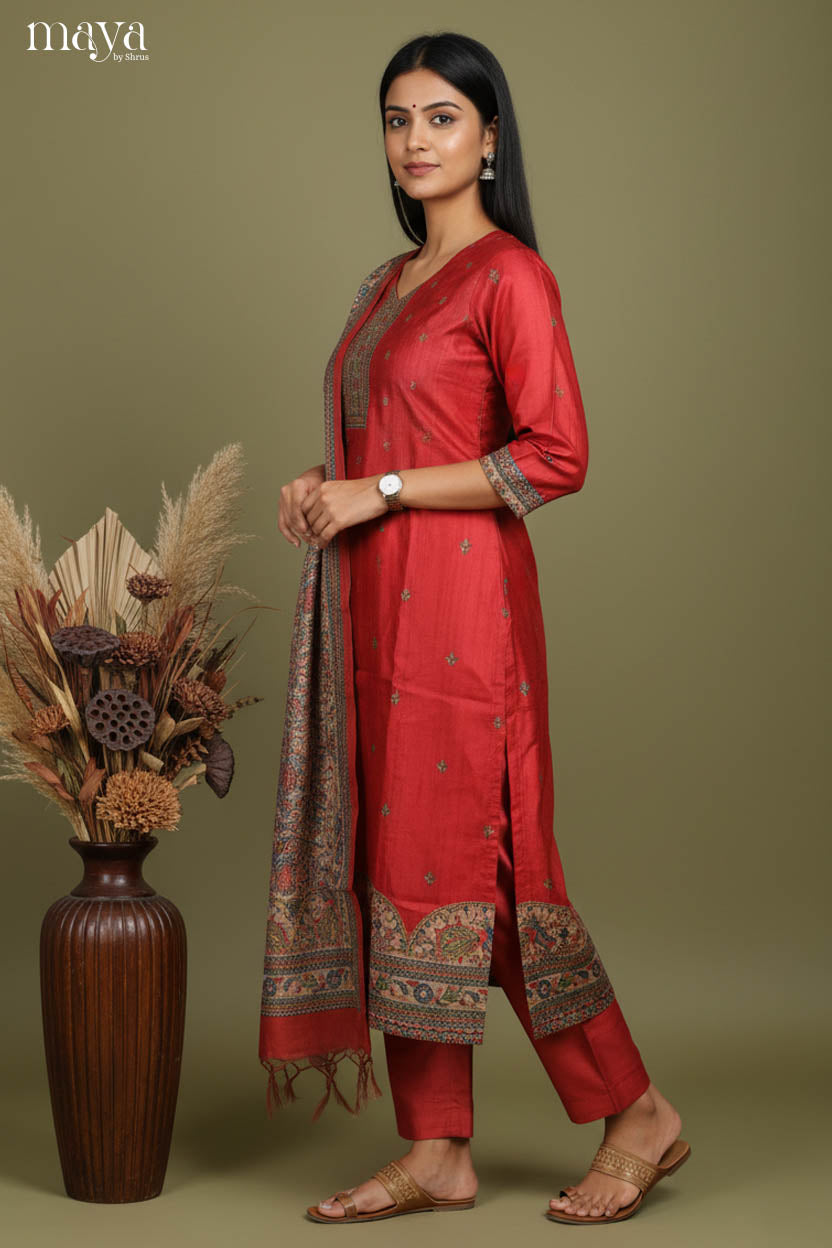 Red- Madhubani Printed Semi tussar Readymade 3 Piece Salwar