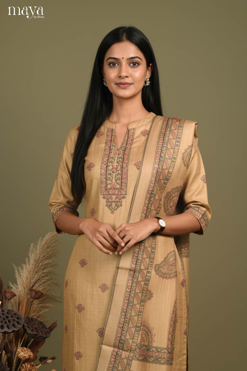 Beige-Madhubani Printed Readymade 3 Piece Salwar