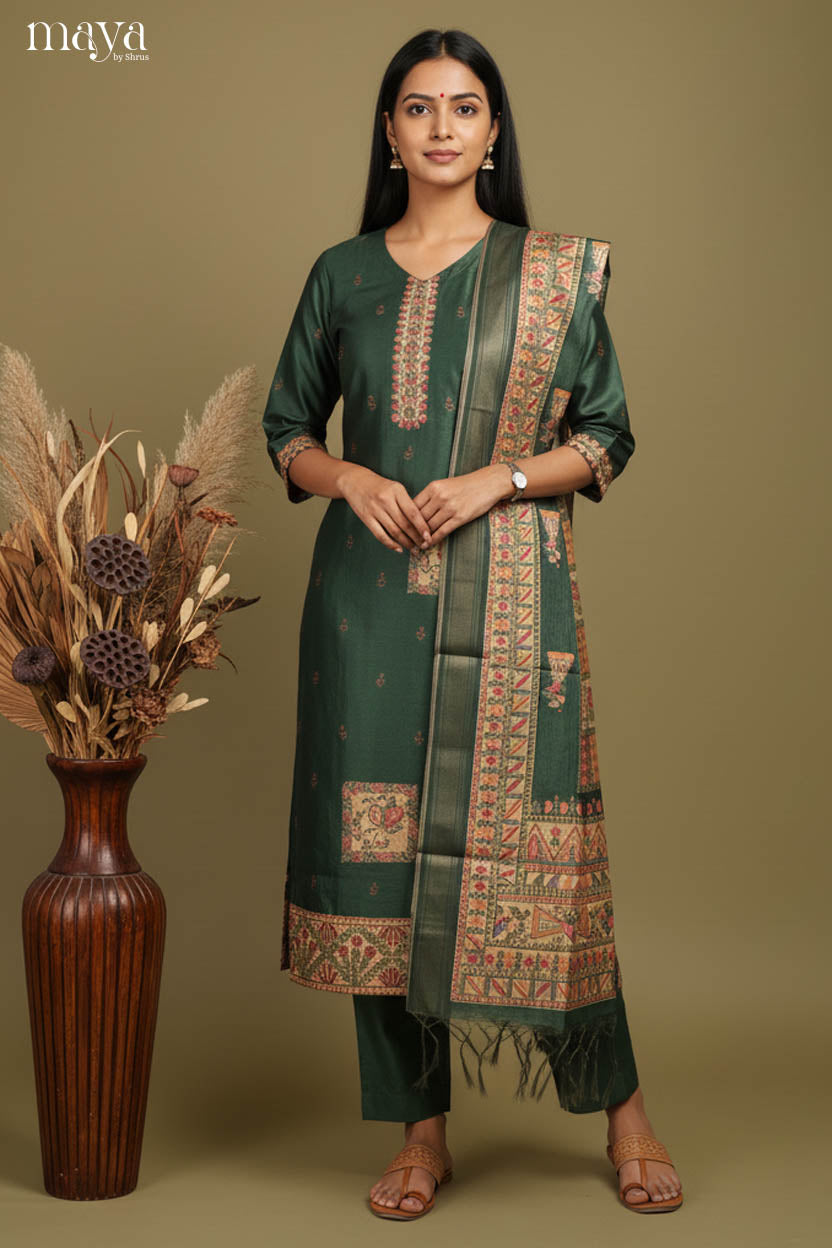 Dark Green- Madhubani Printed Readymade 3 Piece Salwar