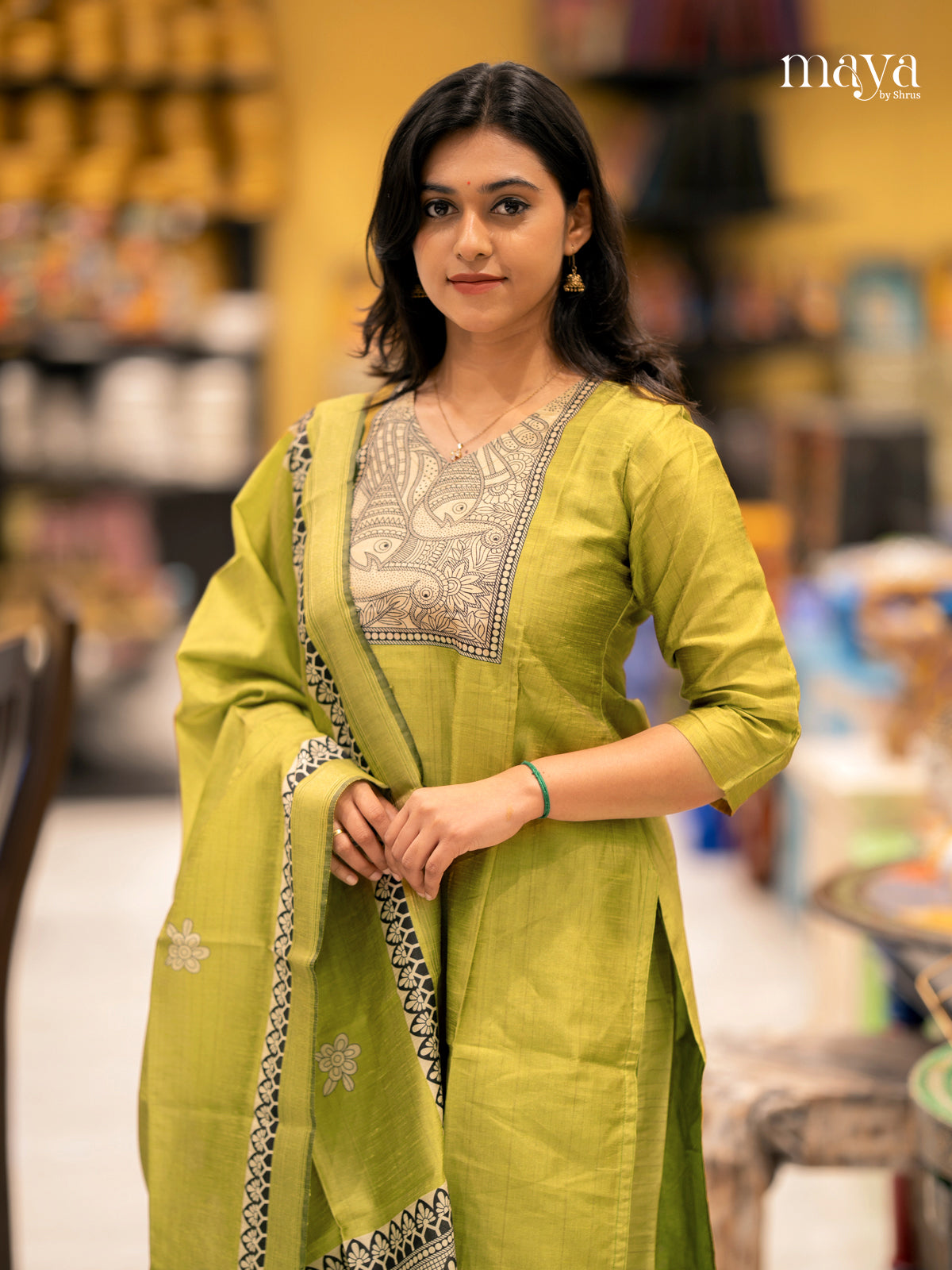 Green -Madhubani Printed Readymade 3 Piece Salwar