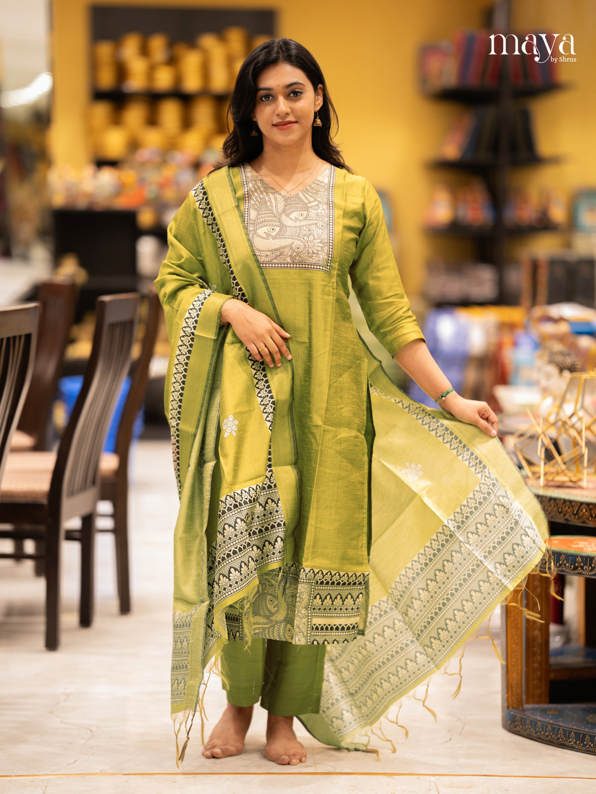 Green -Madhubani Printed Readymade 3 Piece Salwar