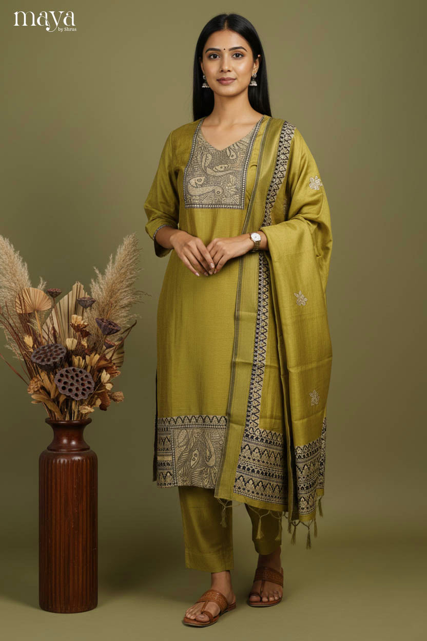 Green -Madhubani Printed Readymade 3 Piece Salwar