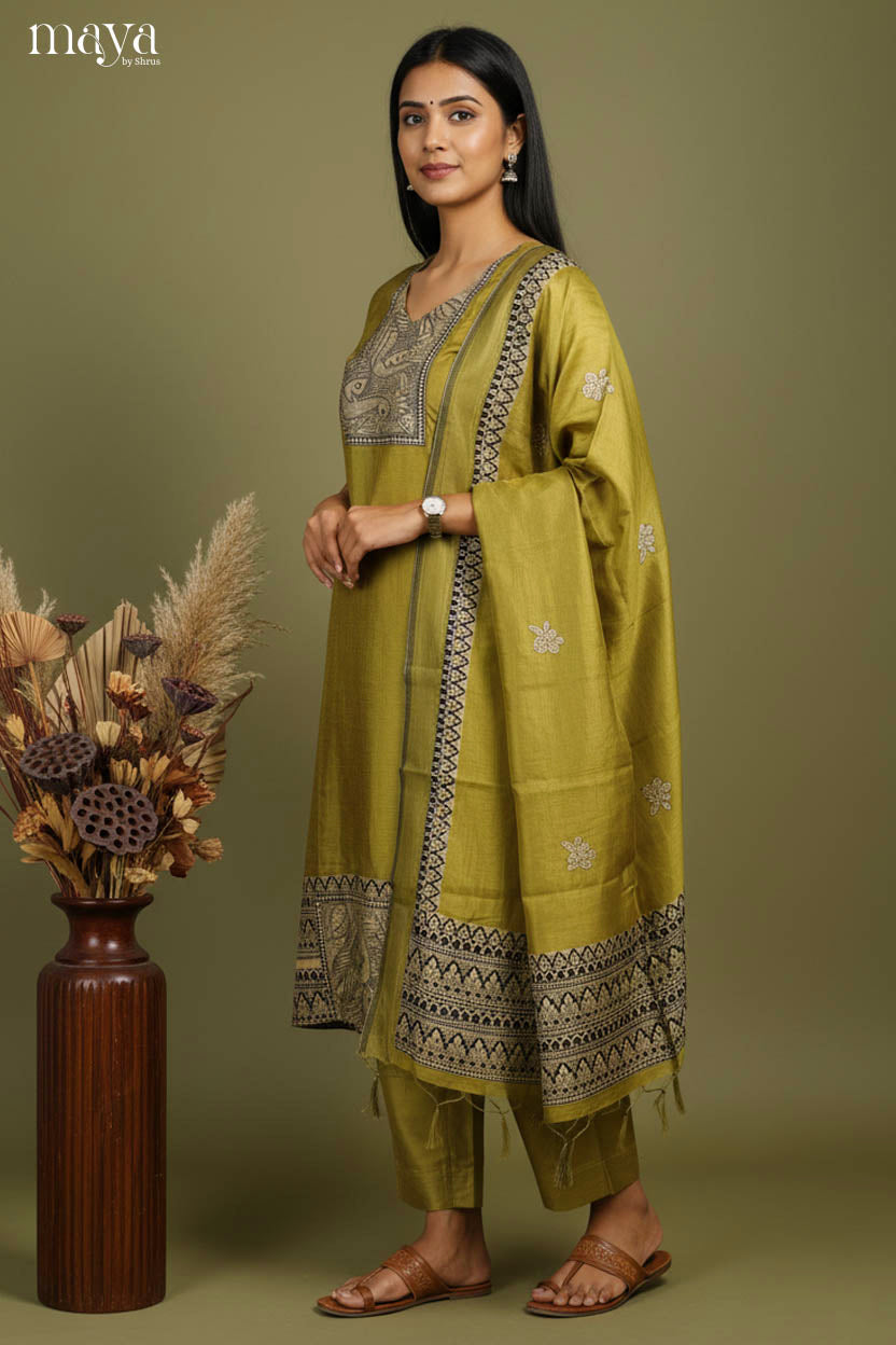 Green -Madhubani Printed Readymade 3 Piece Salwar