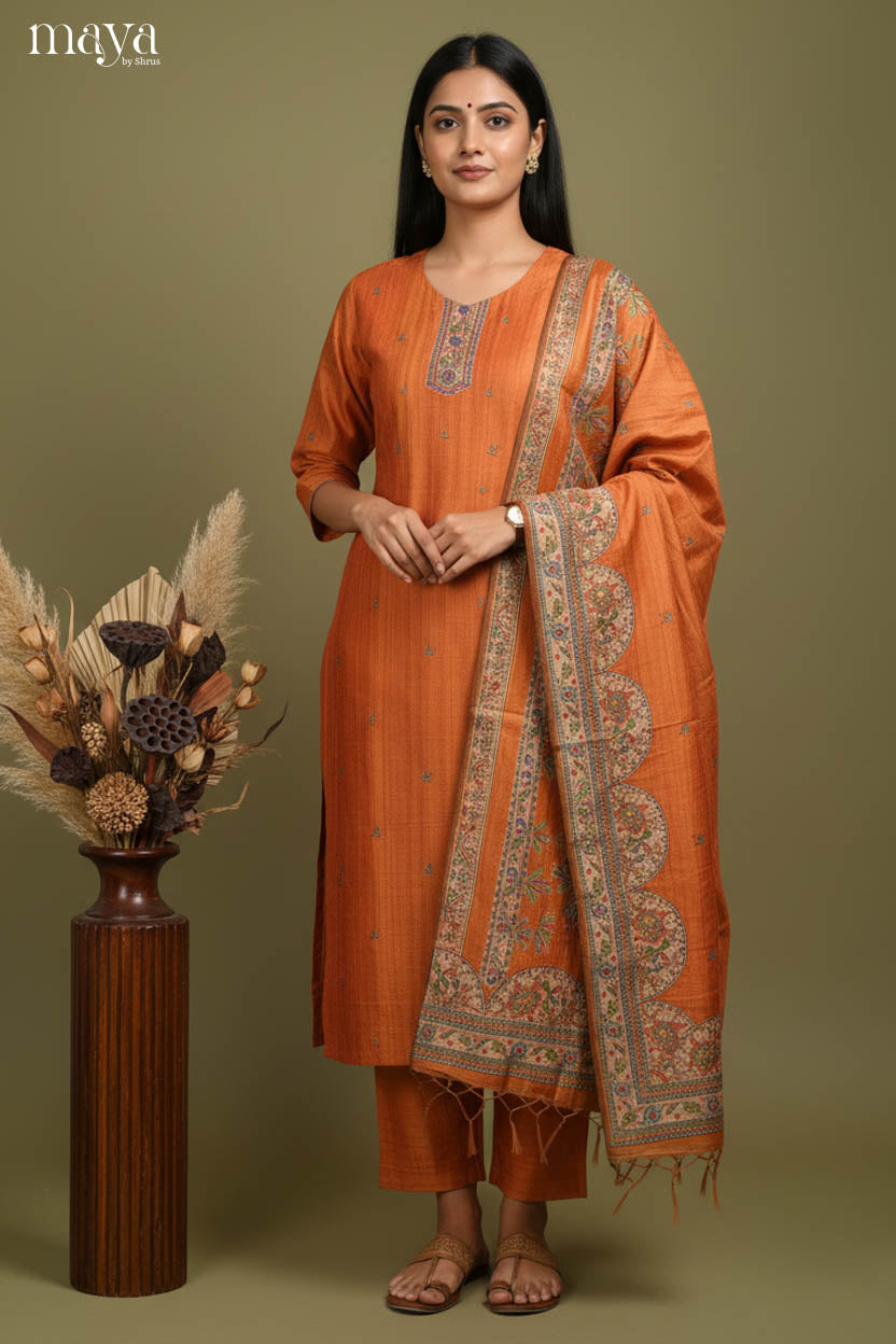 Brick-Madhubani printed Readymade 3 Piece Salwar