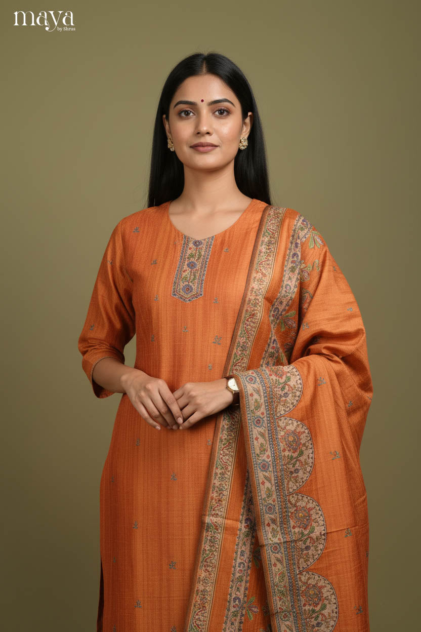 Brick-Madhubani printed Readymade 3 Piece Salwar