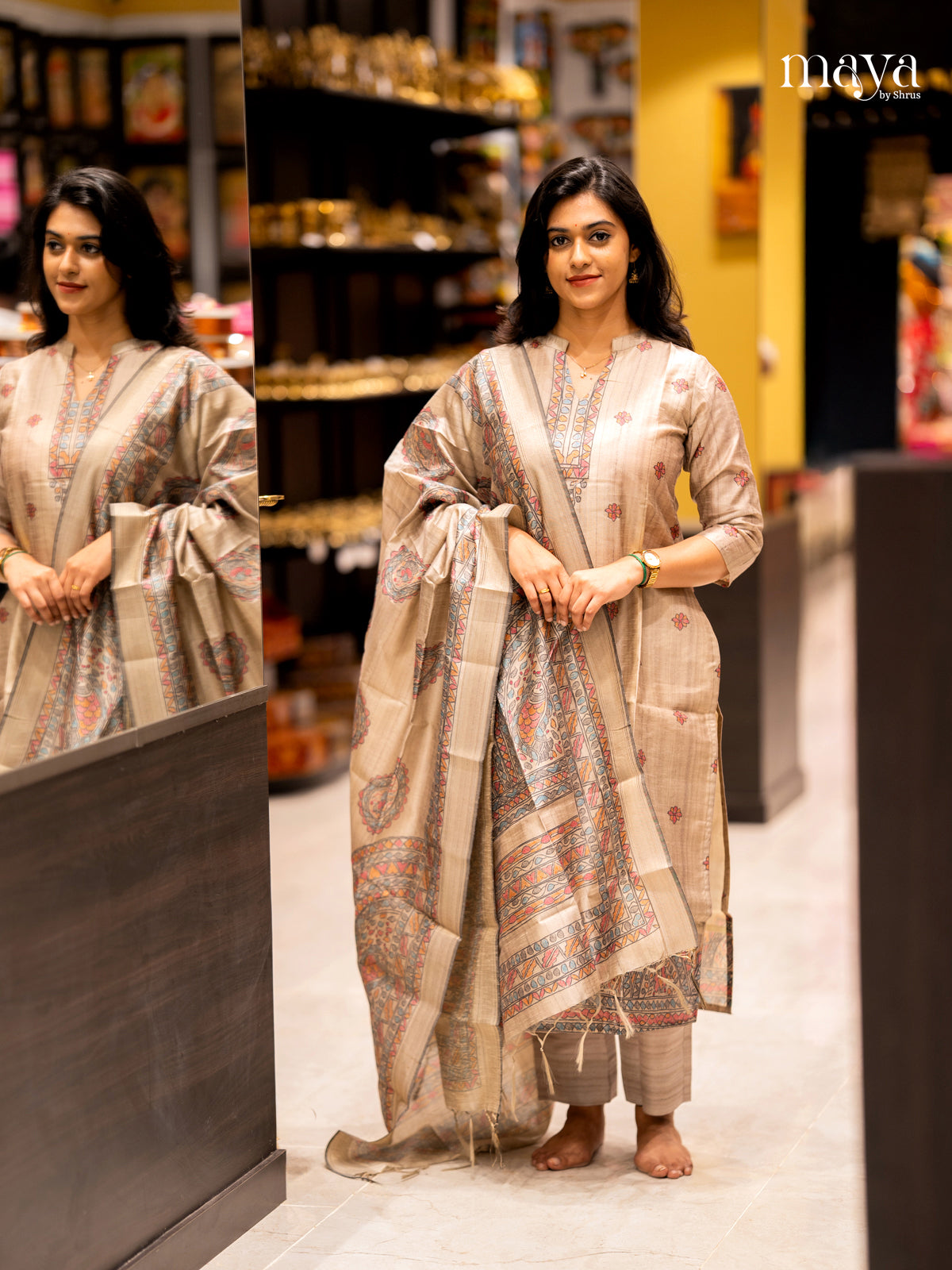 Dusty Brown- Madhubani printed Readymade 3 Piece salwar