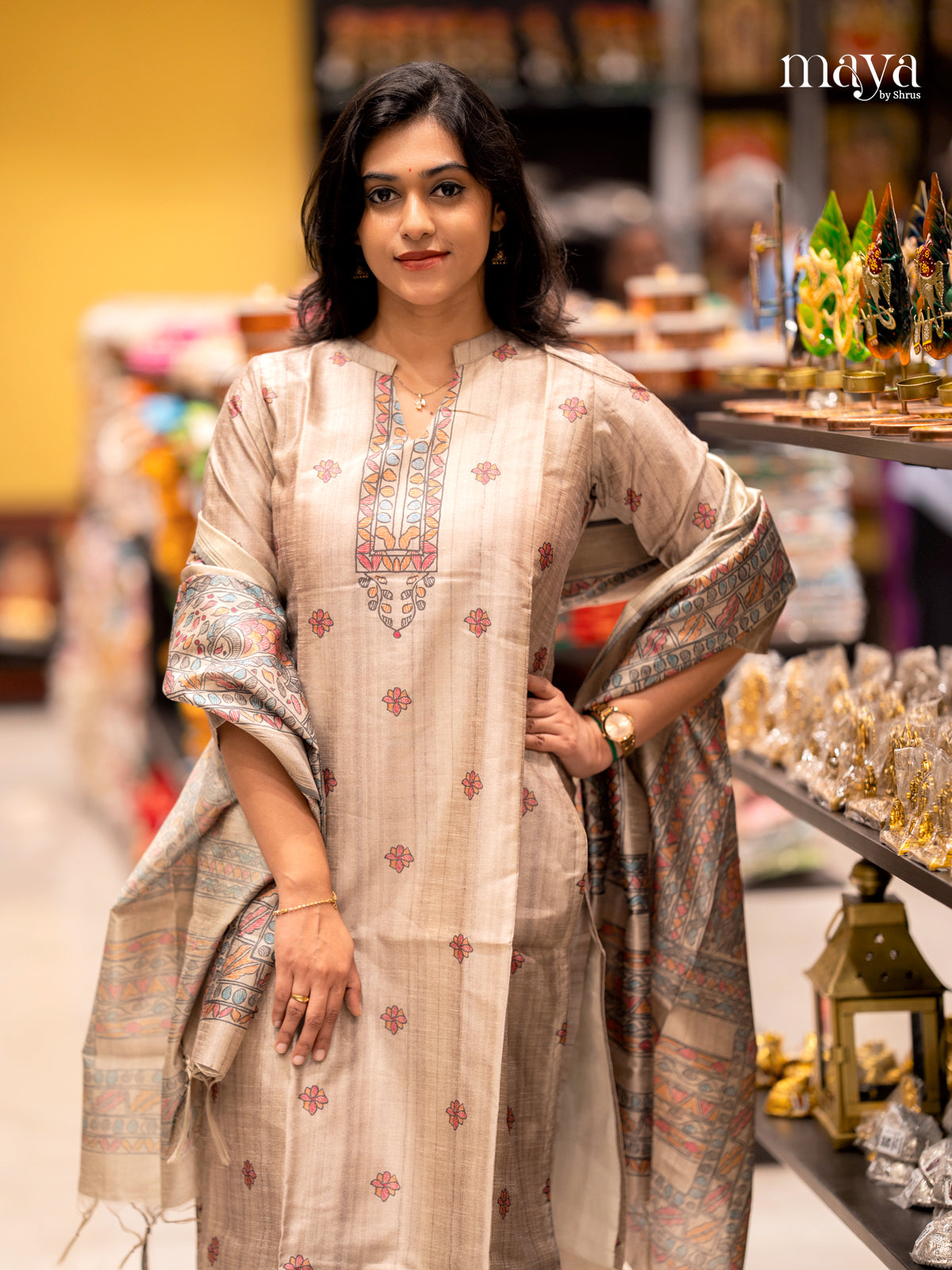 Dusty Brown- Madhubani printed Readymade 3 Piece salwar