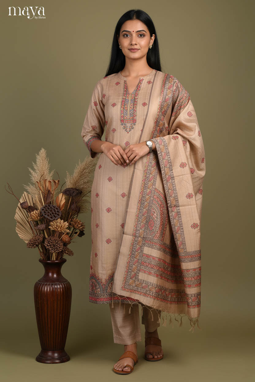 Dusty Brown- Madhubani printed Readymade 3 Piece salwar