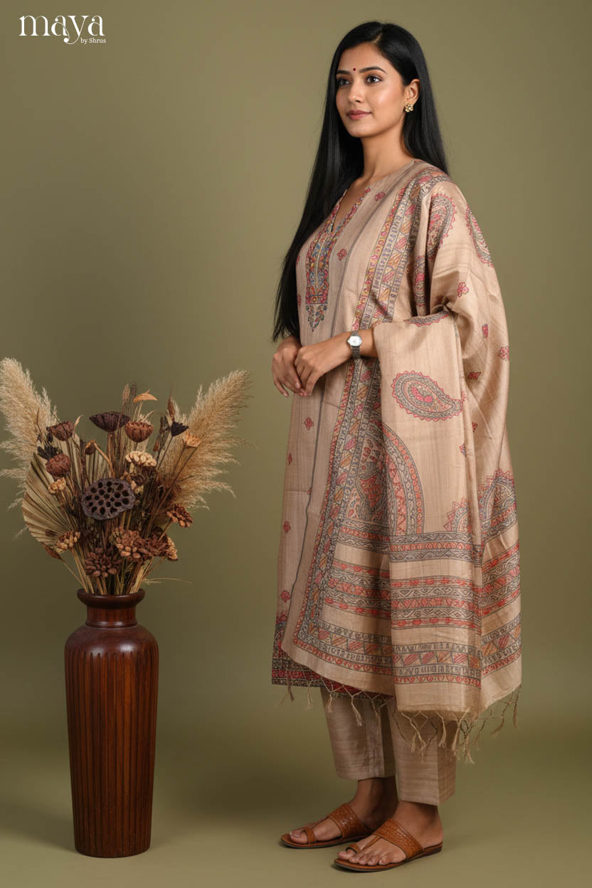 Dusty Brown- Madhubani printed Readymade 3 Piece salwar
