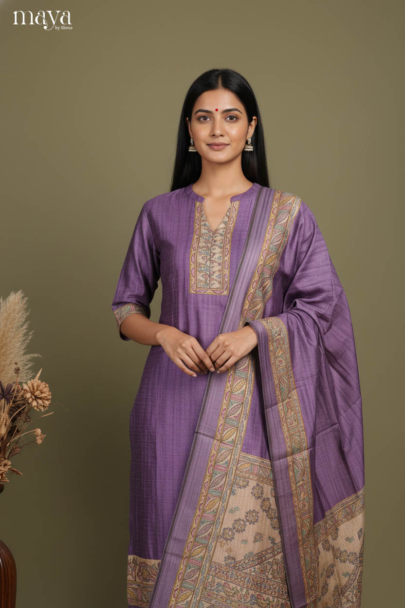 Purple -Madhubani Printed Readymade 3 Piece Salwar