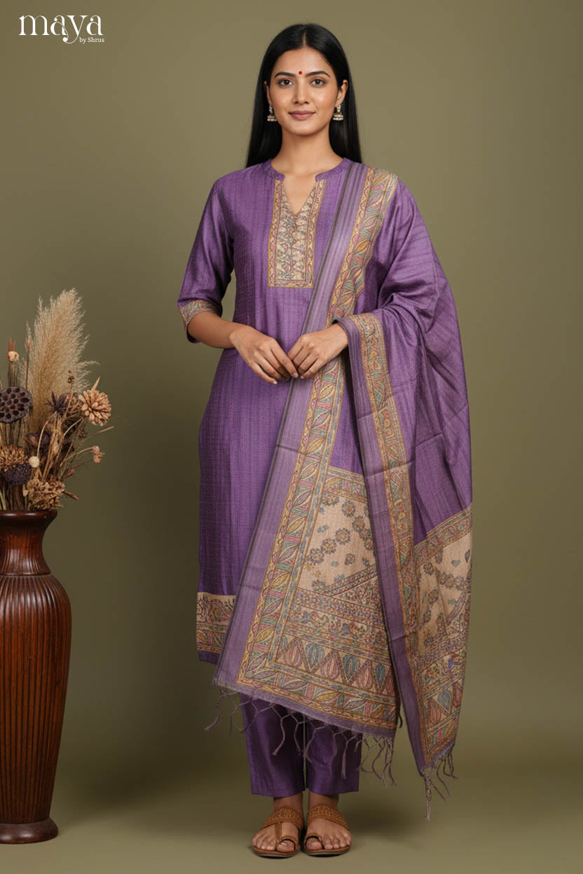 Purple -Madhubani Printed Readymade 3 Piece Salwar
