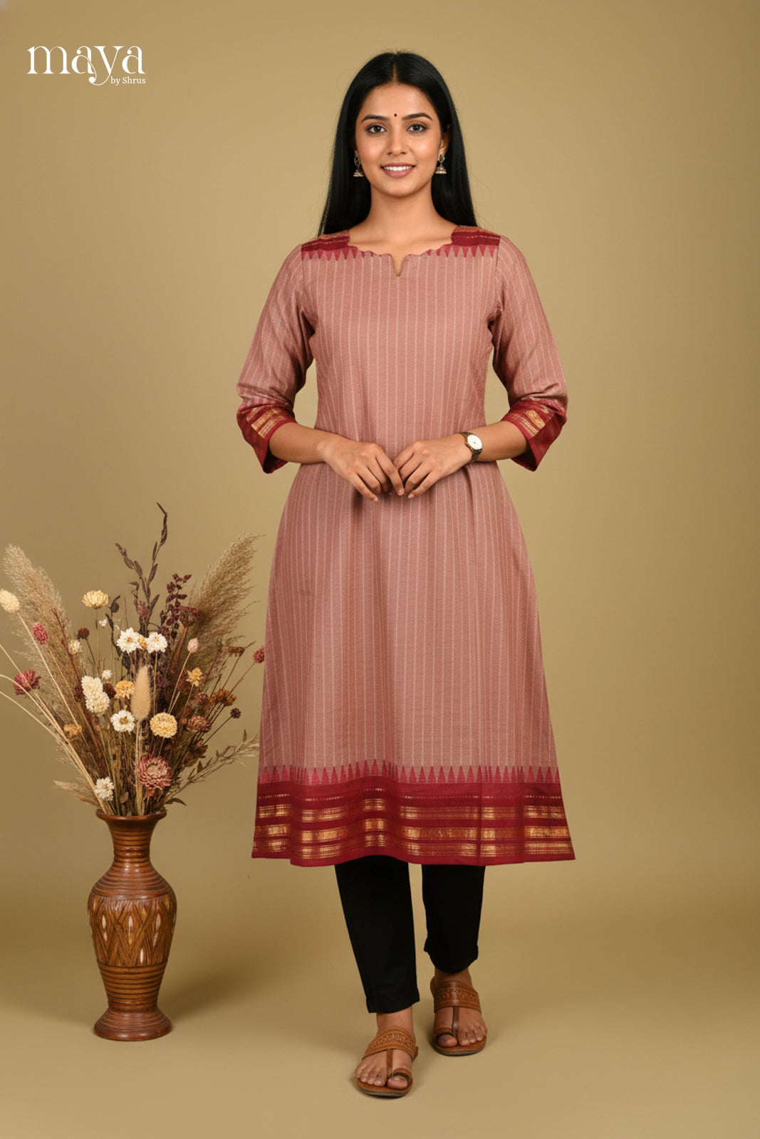 Light Brown & Maroon -Chettinad Cotton Readymade Kurti