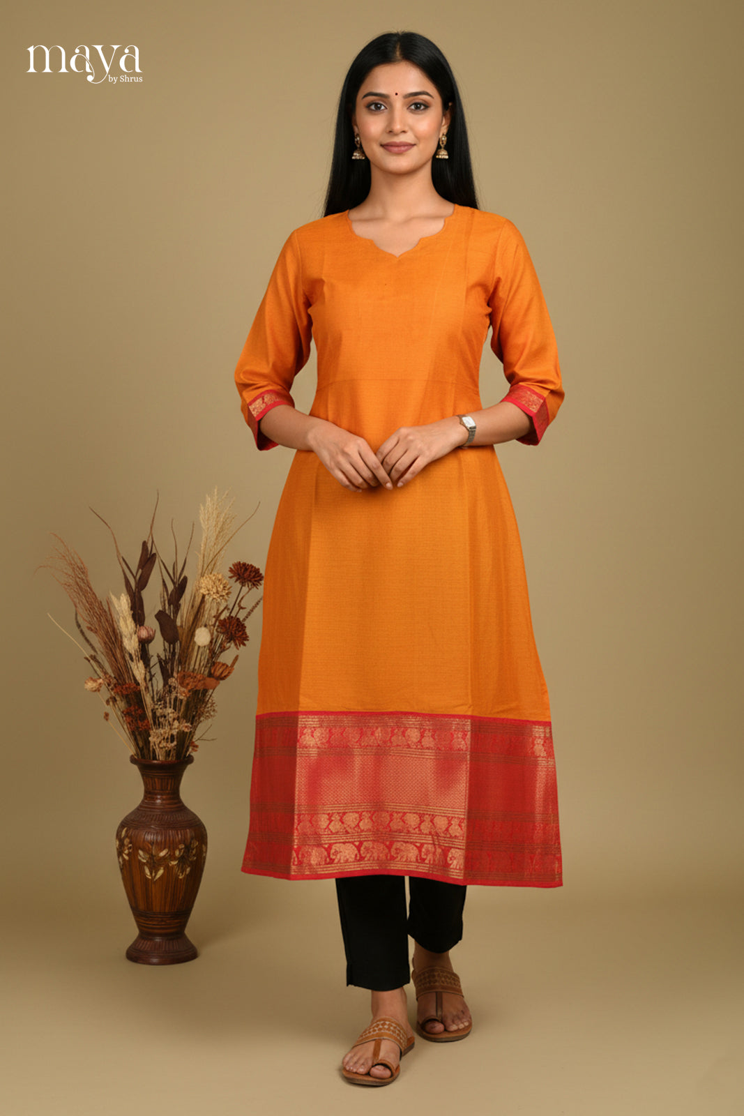 Mustard & Red -Chettinad Cotton Readymade Kurti