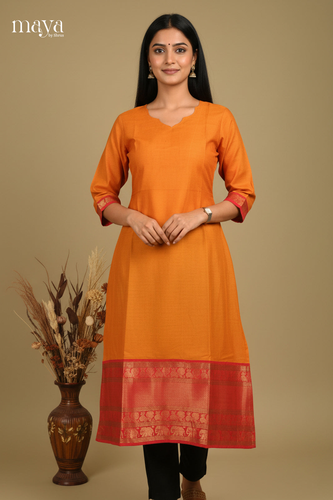 Mustard & Red -Chettinad Cotton Readymade Kurti