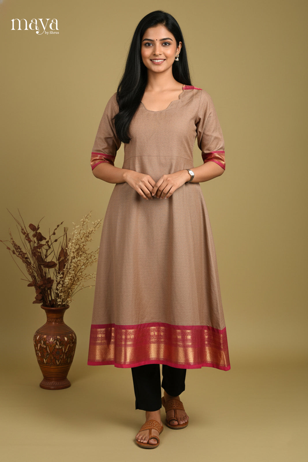 Grey & Maroon-Chettinad Cotton Readymade Kurti