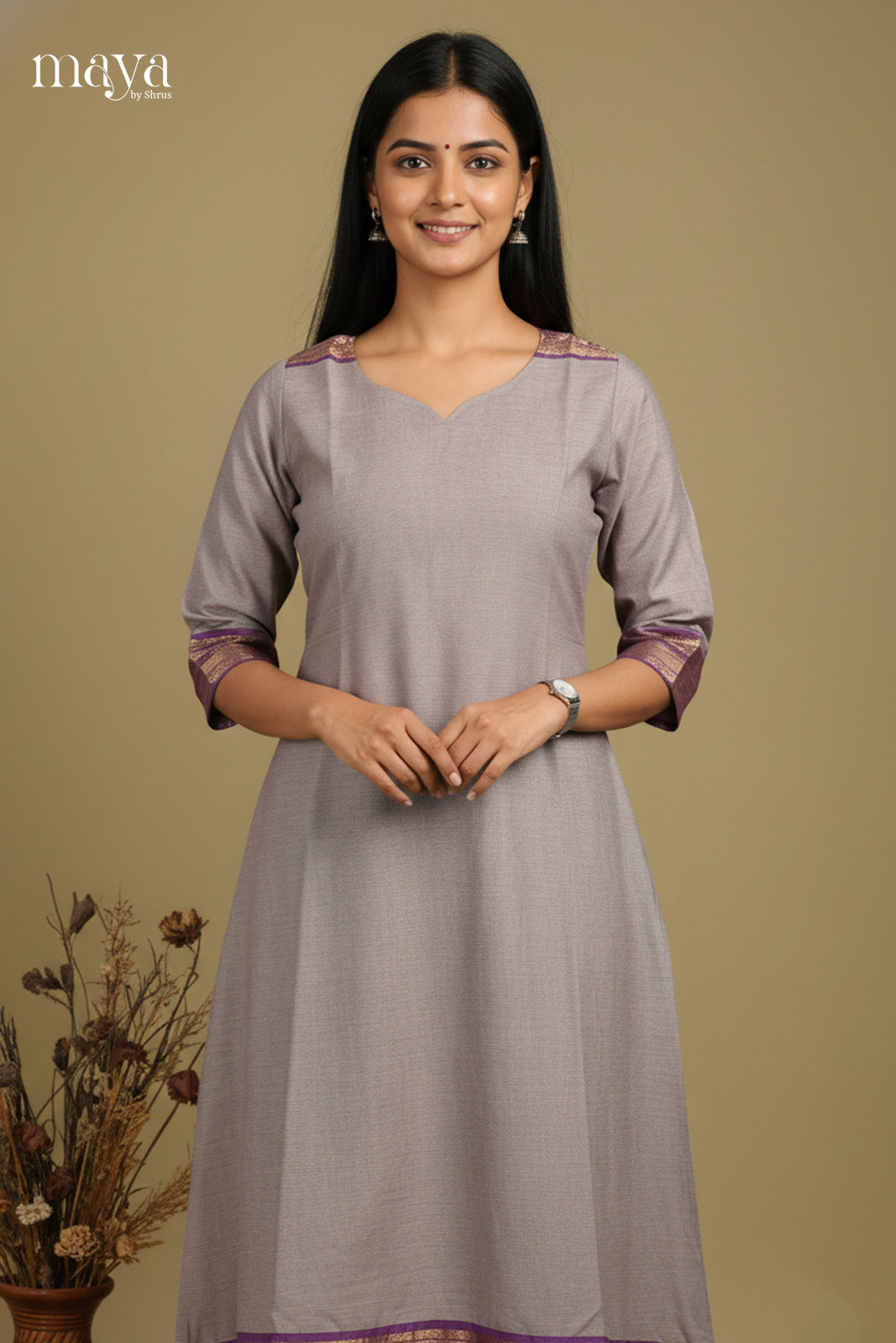 Grey & purple-Chettinad Cotton Readymade Kurti