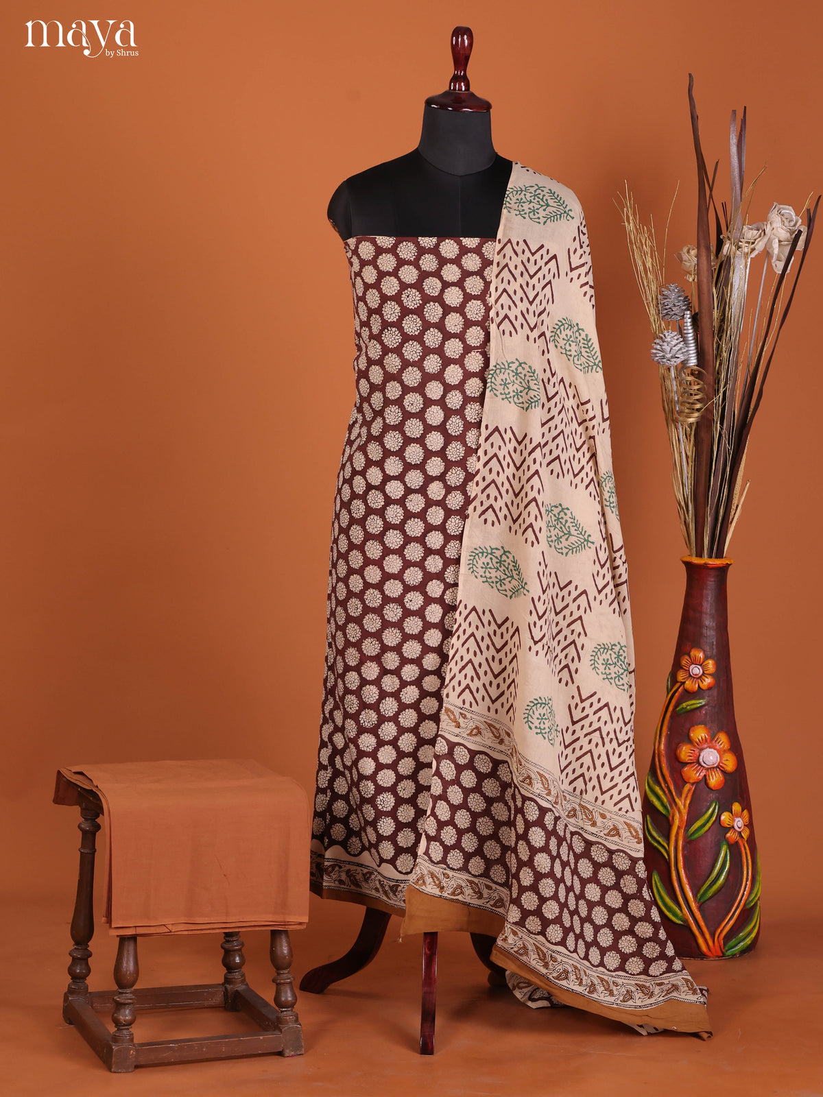 Elegant Pretty Brown Cotton Unstitched Salwar Set
