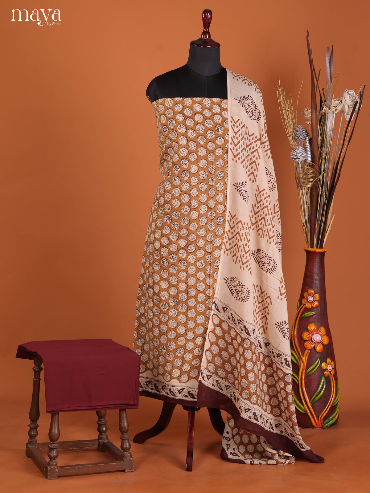 Graceful Mustard Cotton Unstitched Salwar Set With Beautiful Prints - Shop on Shrus.com