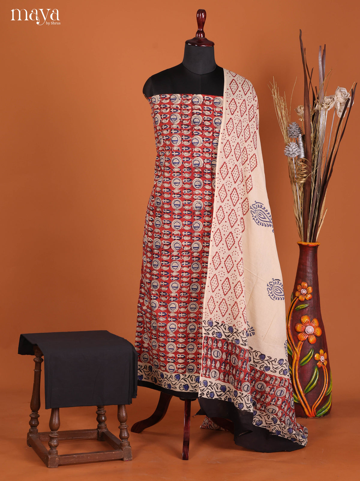 Stunning Red Cotton Salwar Suit Material With Beige Dupatta