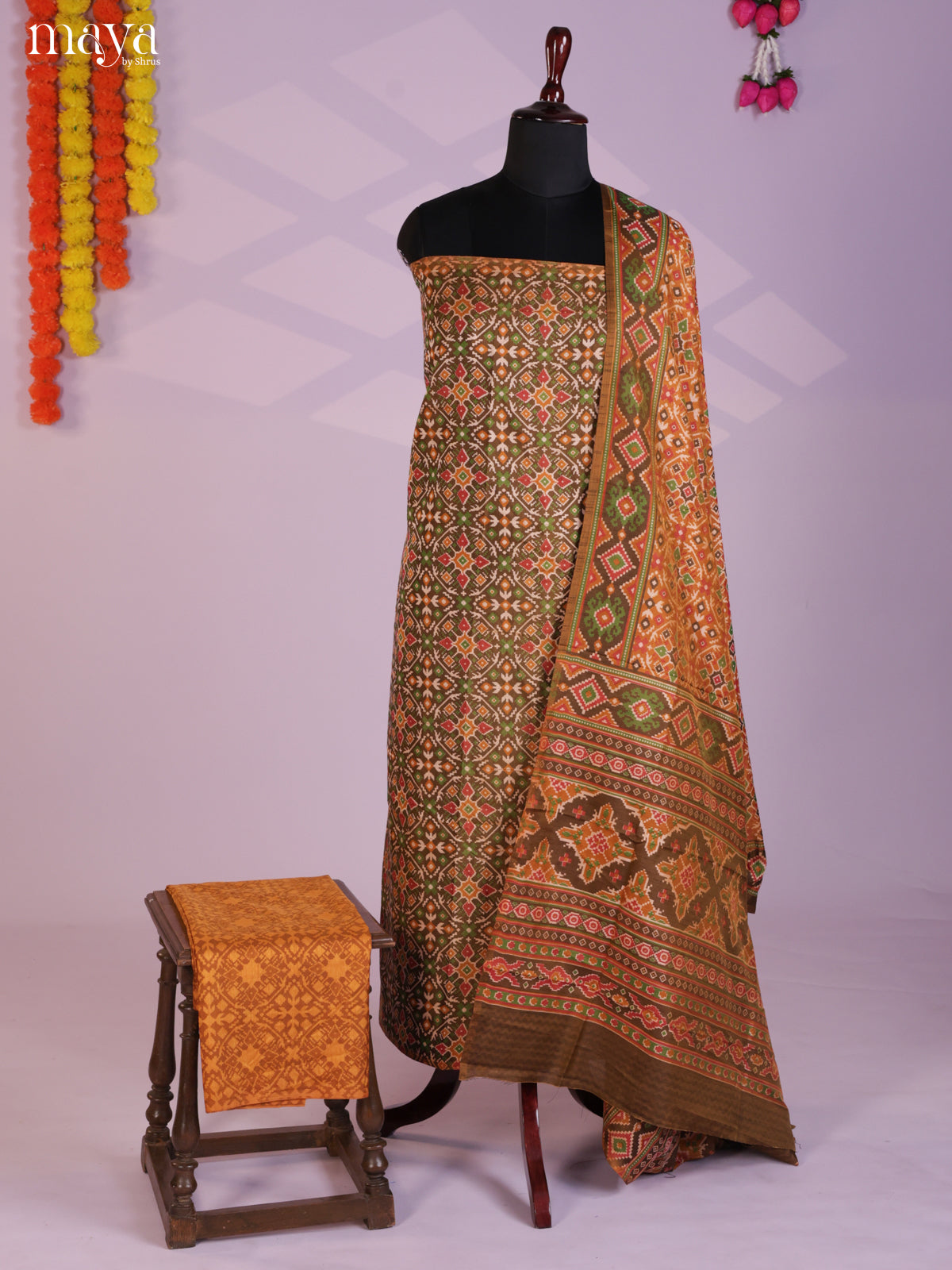 Mustard & Green Semi patola salwar unstitch with patola floral prints-MEA09030