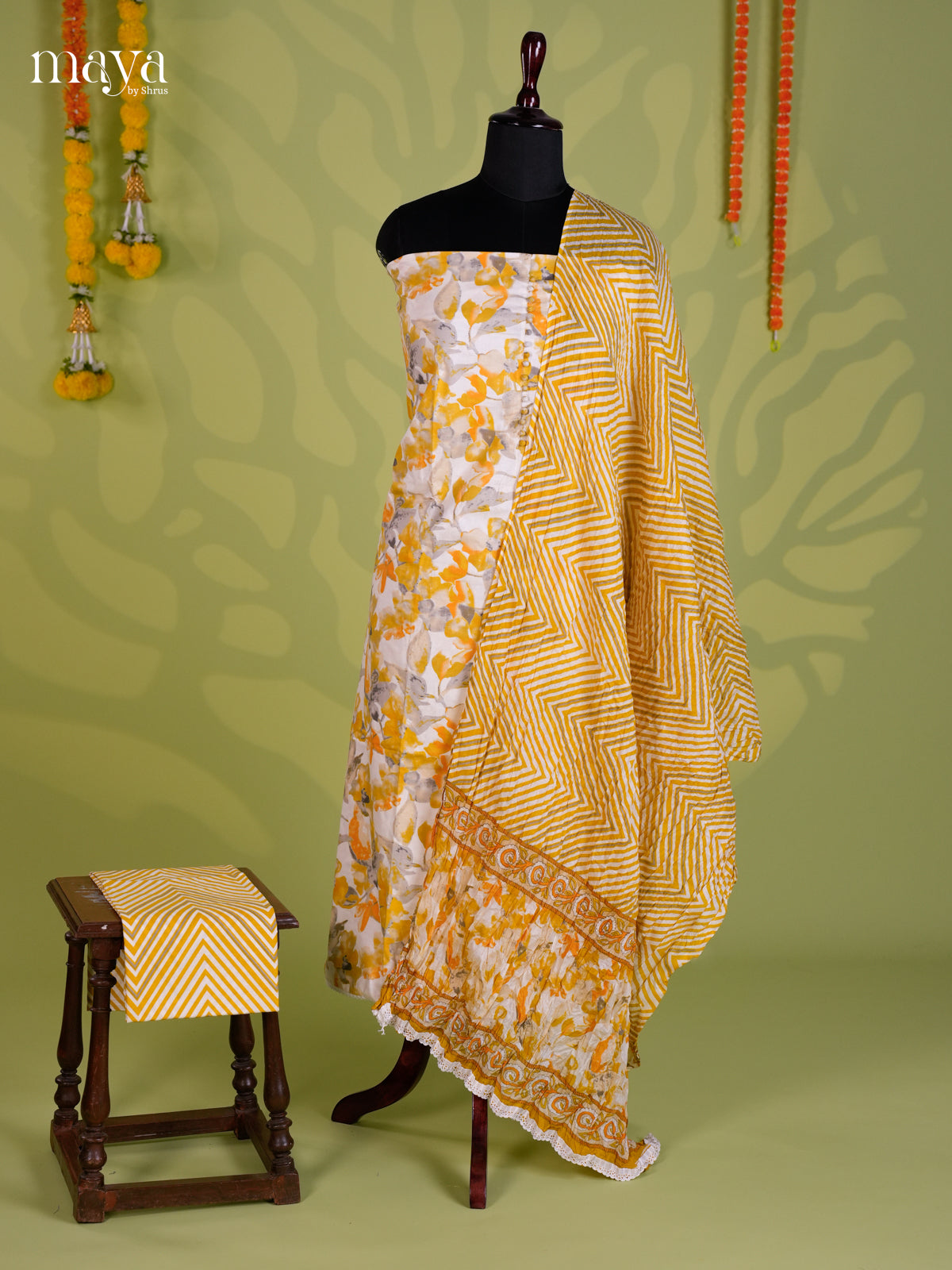 Yellow & White - Cotton salwar Unstitched