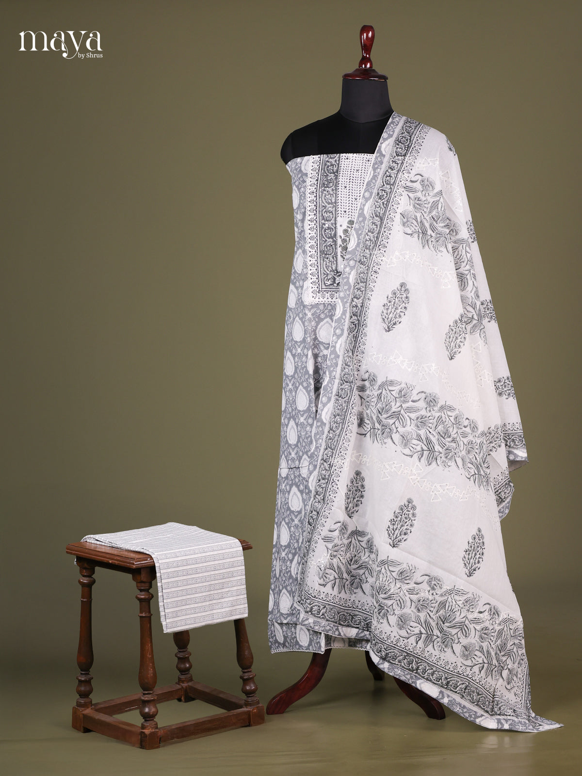 Grey & White - Cotton salwar Unstitched