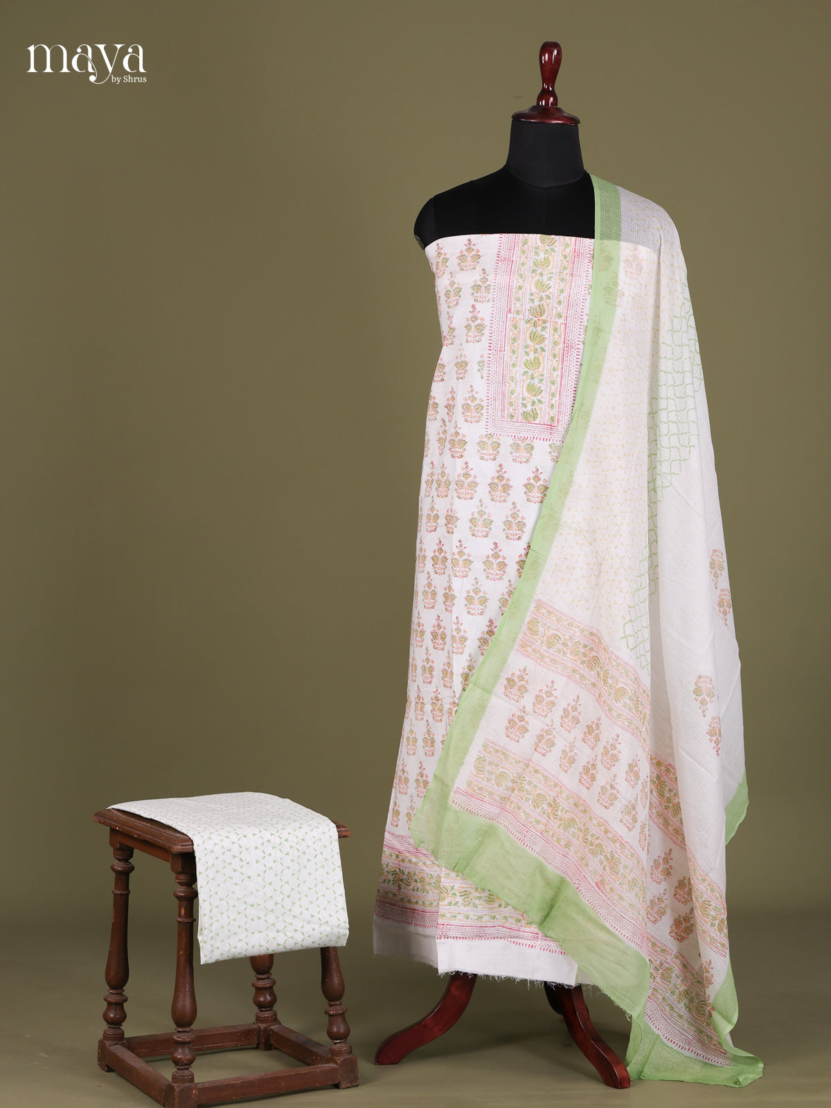 White & Green- Cotton salwar Unstitched
