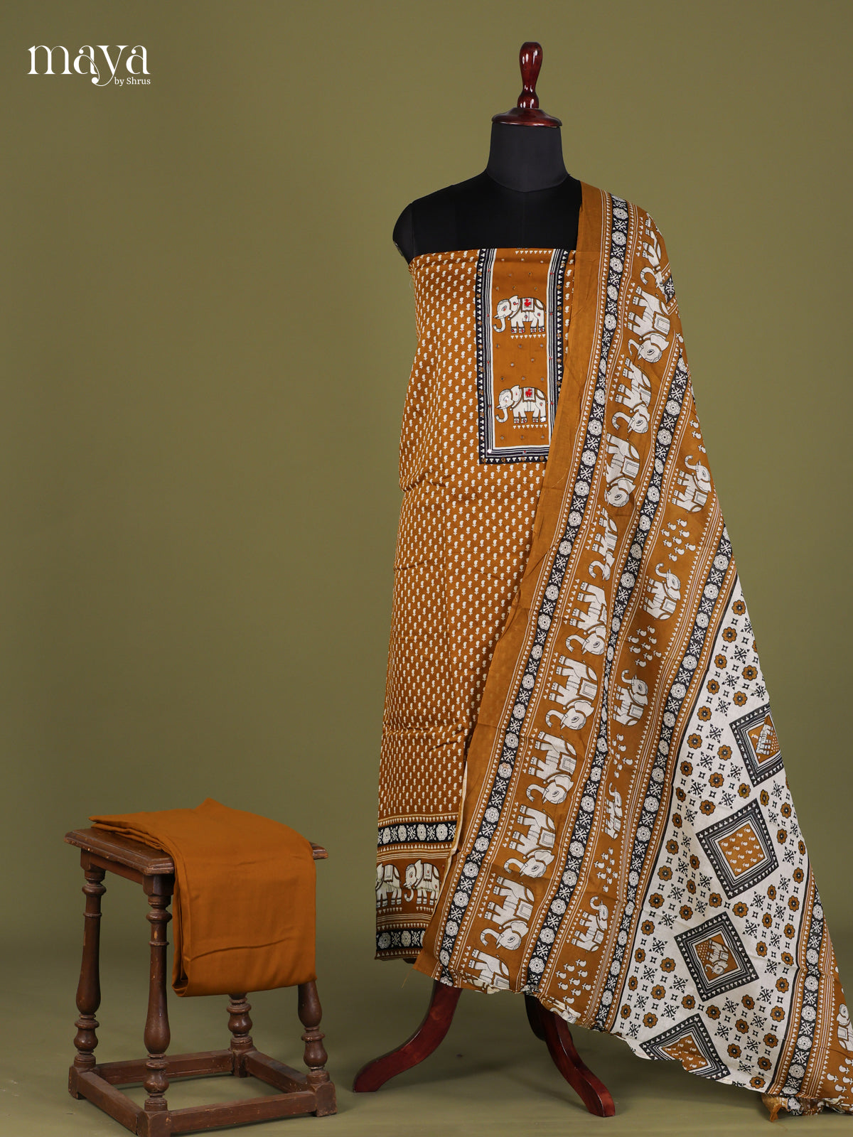 Dark Mustard & White - Cotton salwar unstitched