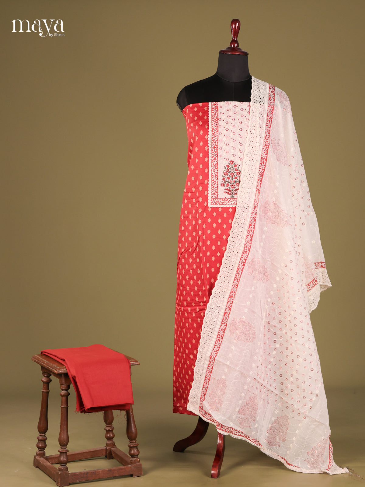 Red & White - Cotton salwar Unstitched