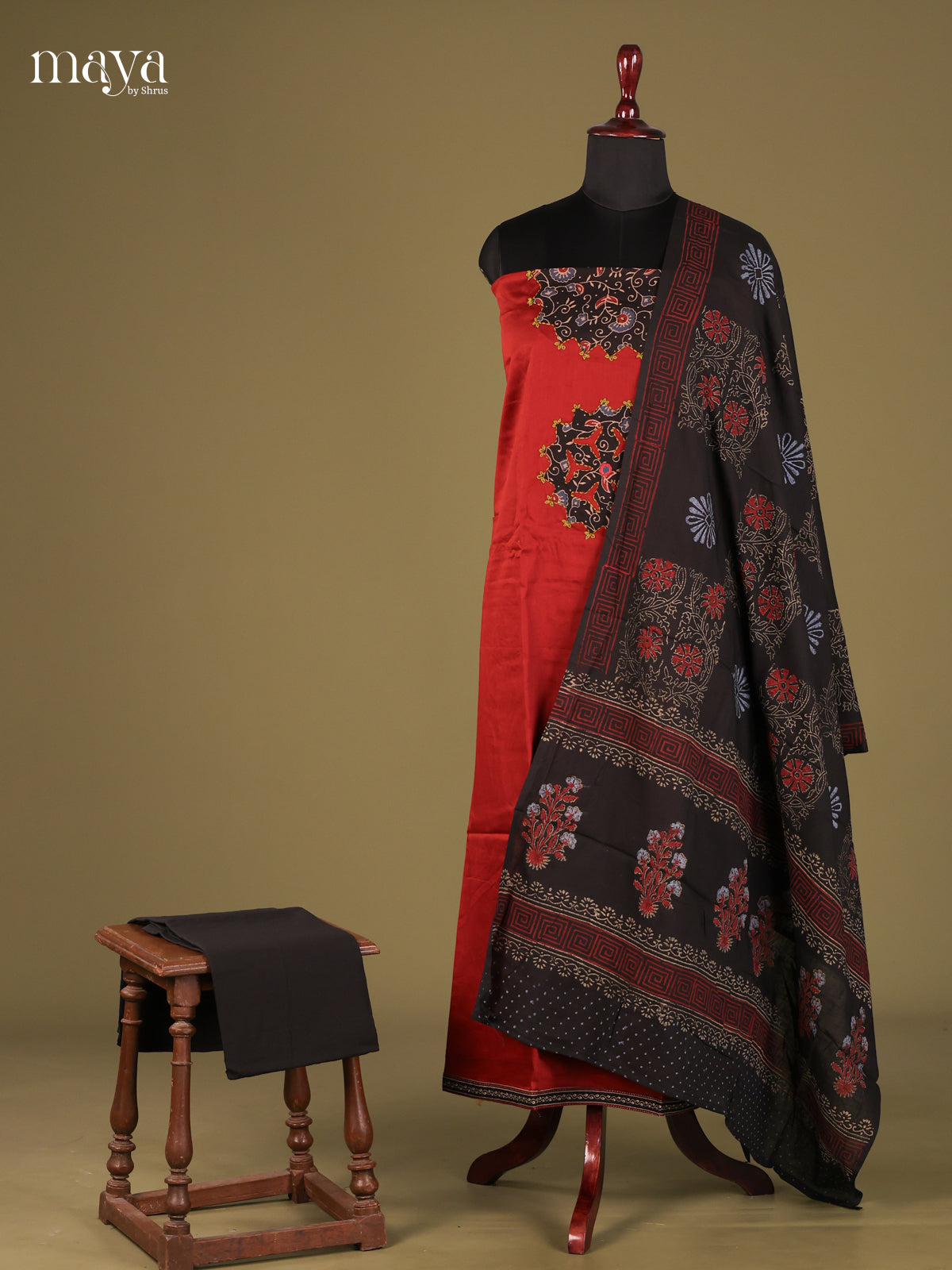 Red & Black - Cotton salwar Unstitched