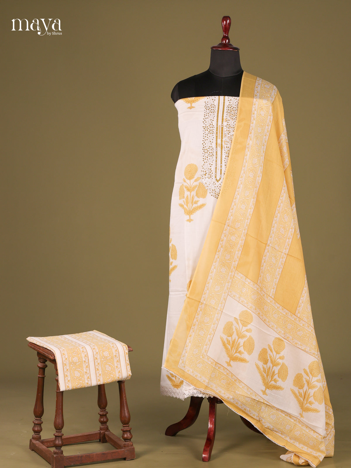 White & Yellow - Cotton salwar Unstitched