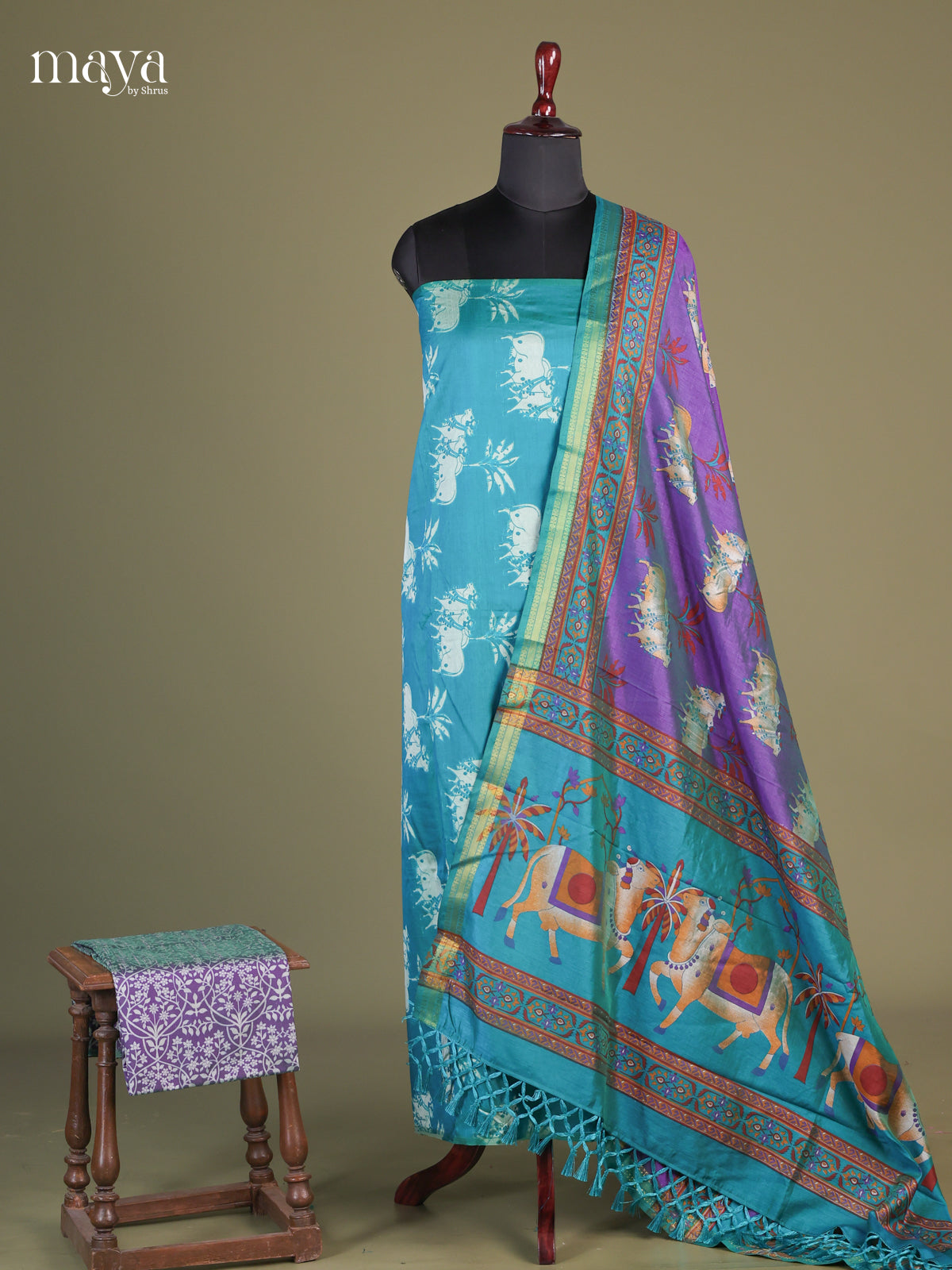 Sky Blue & Purple Semi patola Unstitch salwar with pichwai cow print