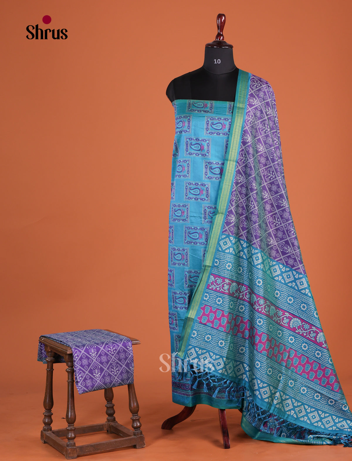 Elegant Blue & Purple semi patola unstitch salwar with paisleys motifs