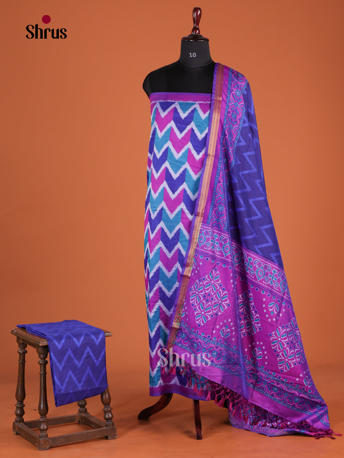 Blue & Purple Semi patola Unstitch salwar with Chevron print