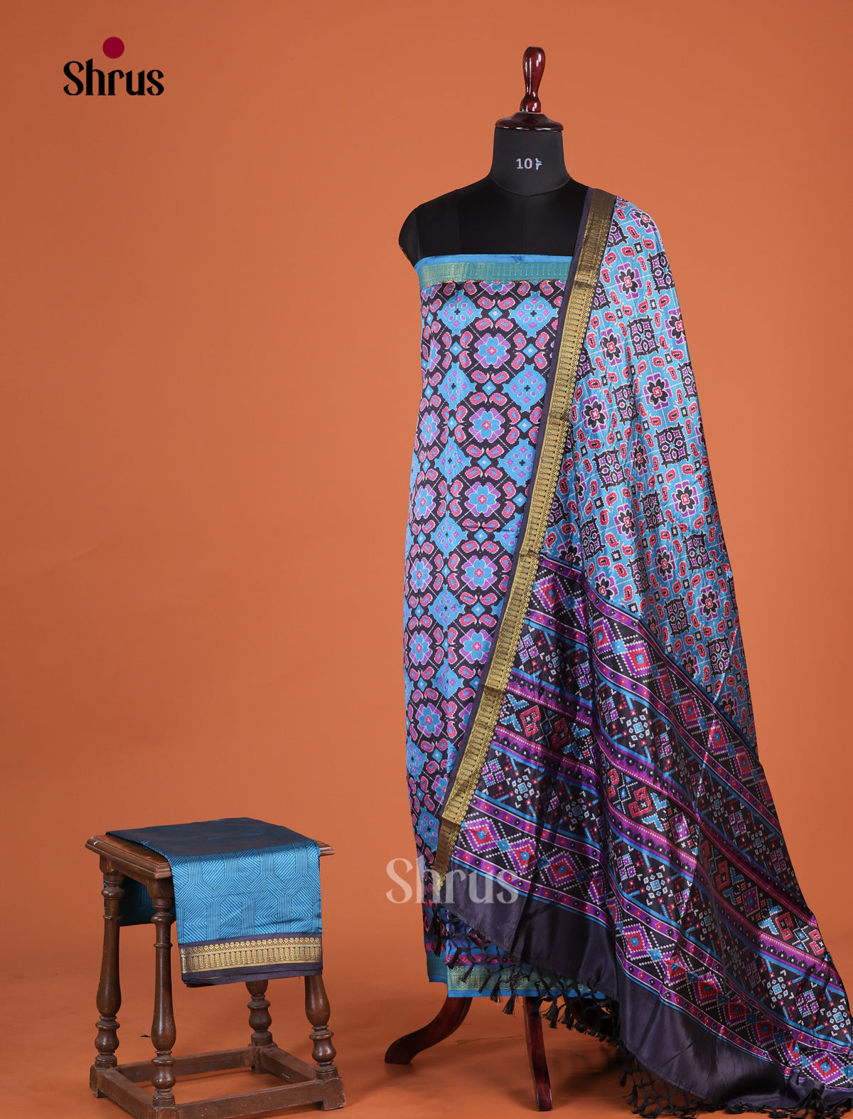 Navy Blue & Blue Semi patola unstitch salwar with floral pattern