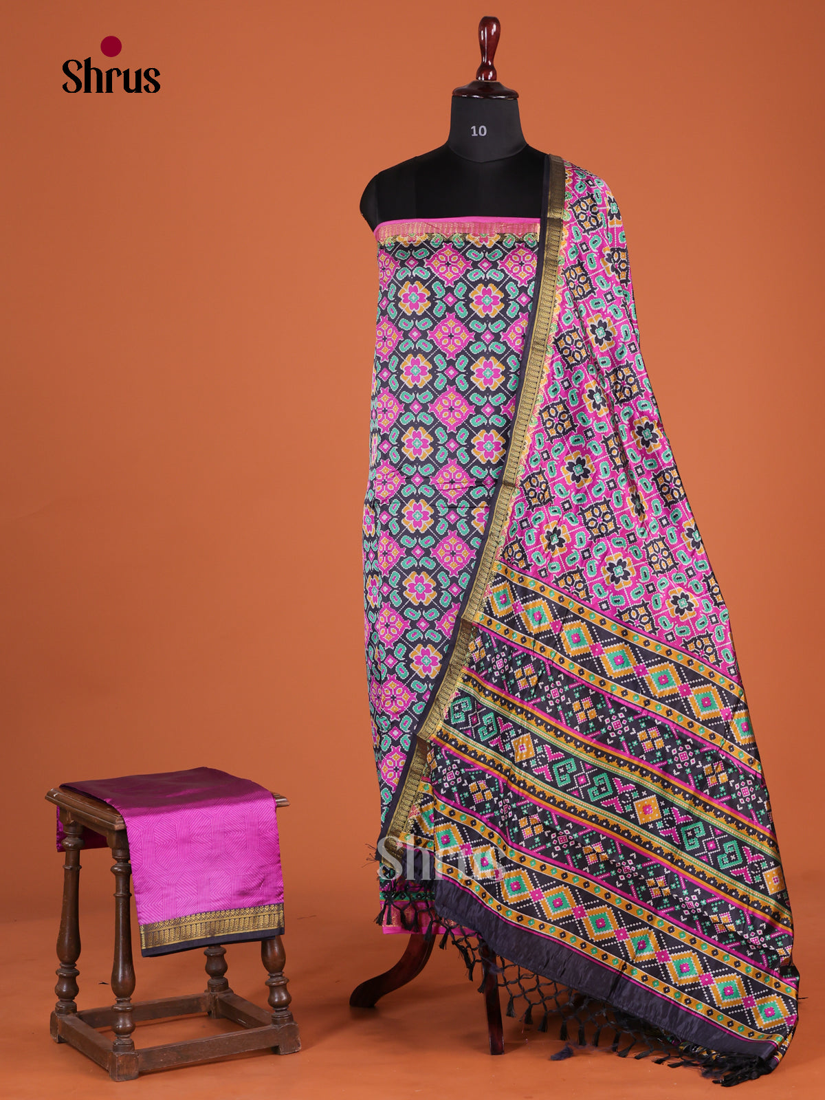 Blue & Pink semi patola unstitch salwar with floral motifs