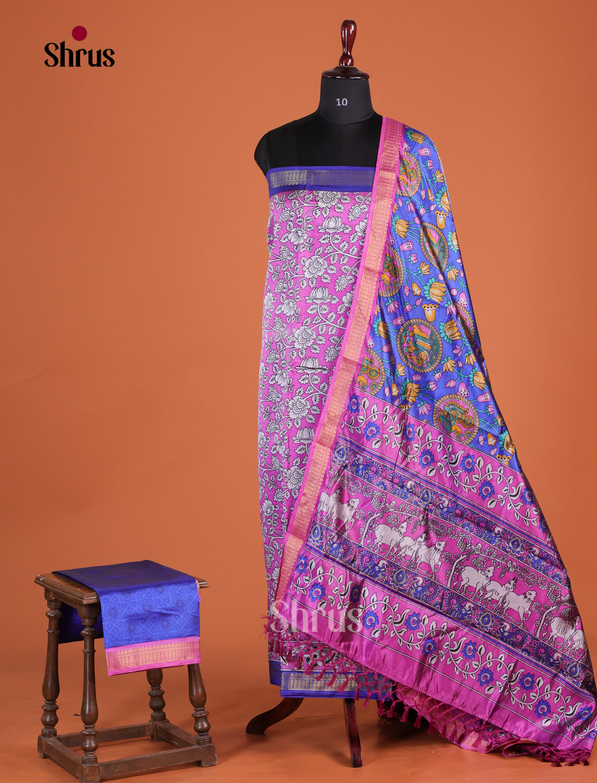 Beautiful Pink & Blue semi patola Unstitch salwar with floral nestling pattern