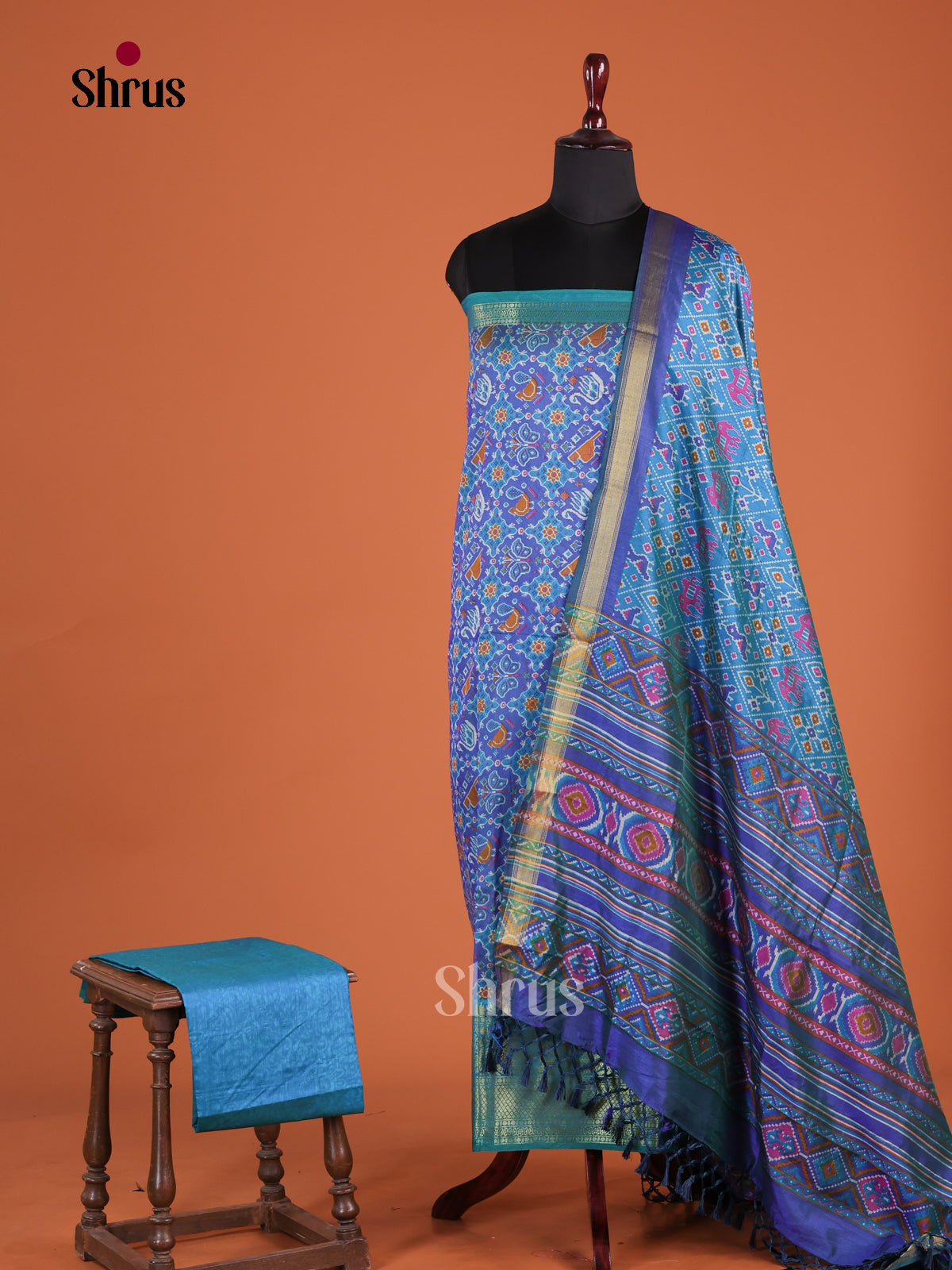 Blue Semi Patola UnStitch Salwar with Butterfly & birds print - Shop on Shrus.com