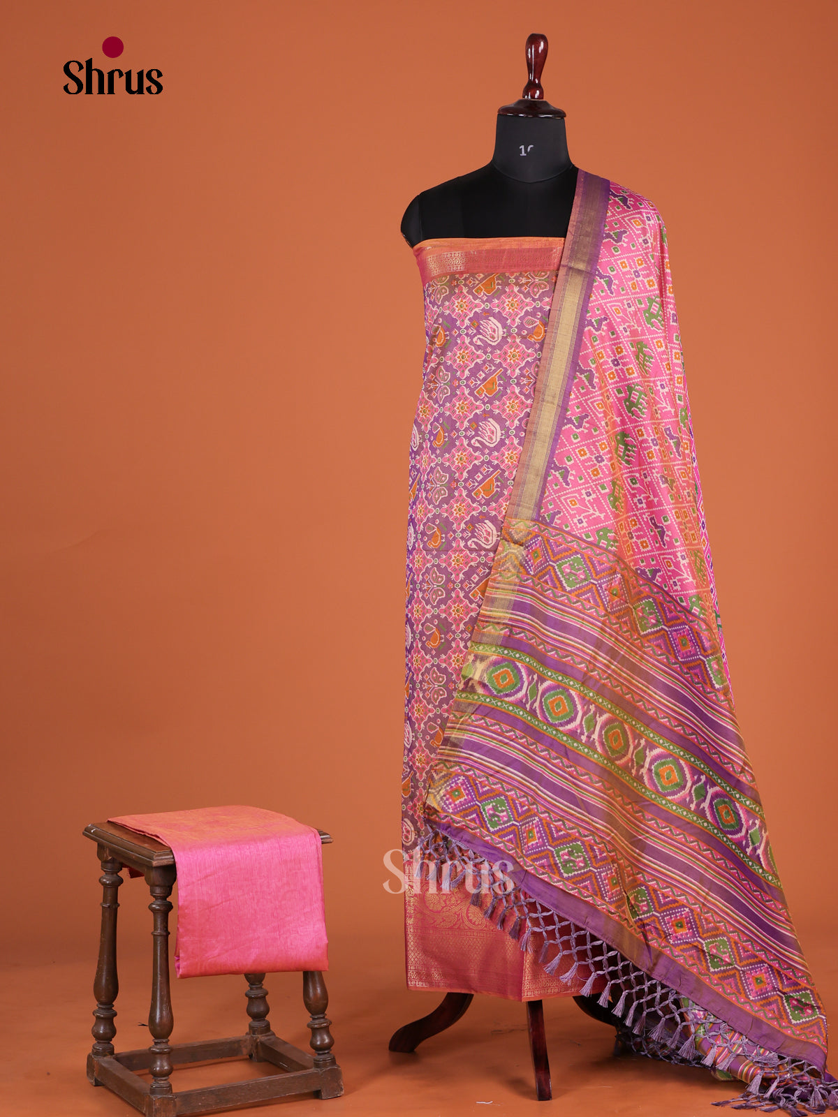 Beautiful Pink & Purple Semi patola unstitch salwar with floral , butterfly print