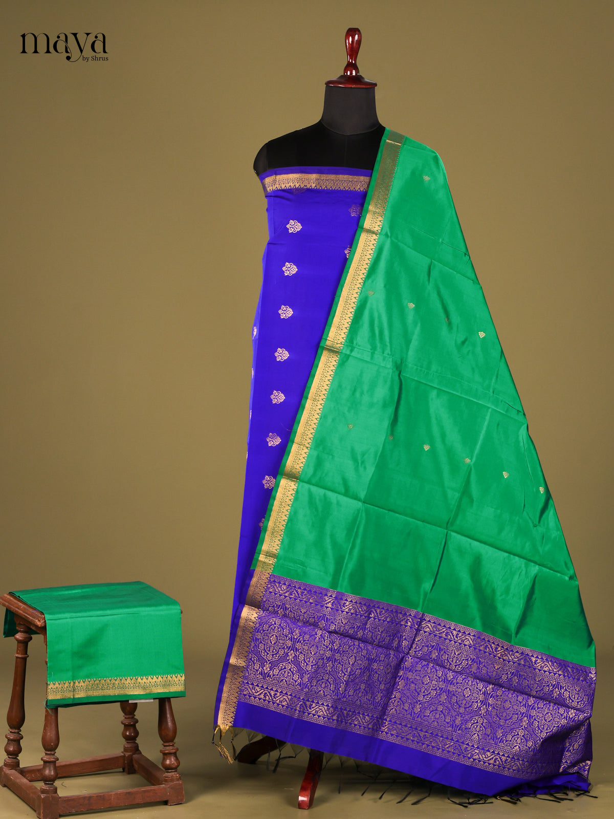 Beautiful Blue semi softsilk salwar unstitched with green dupatta
