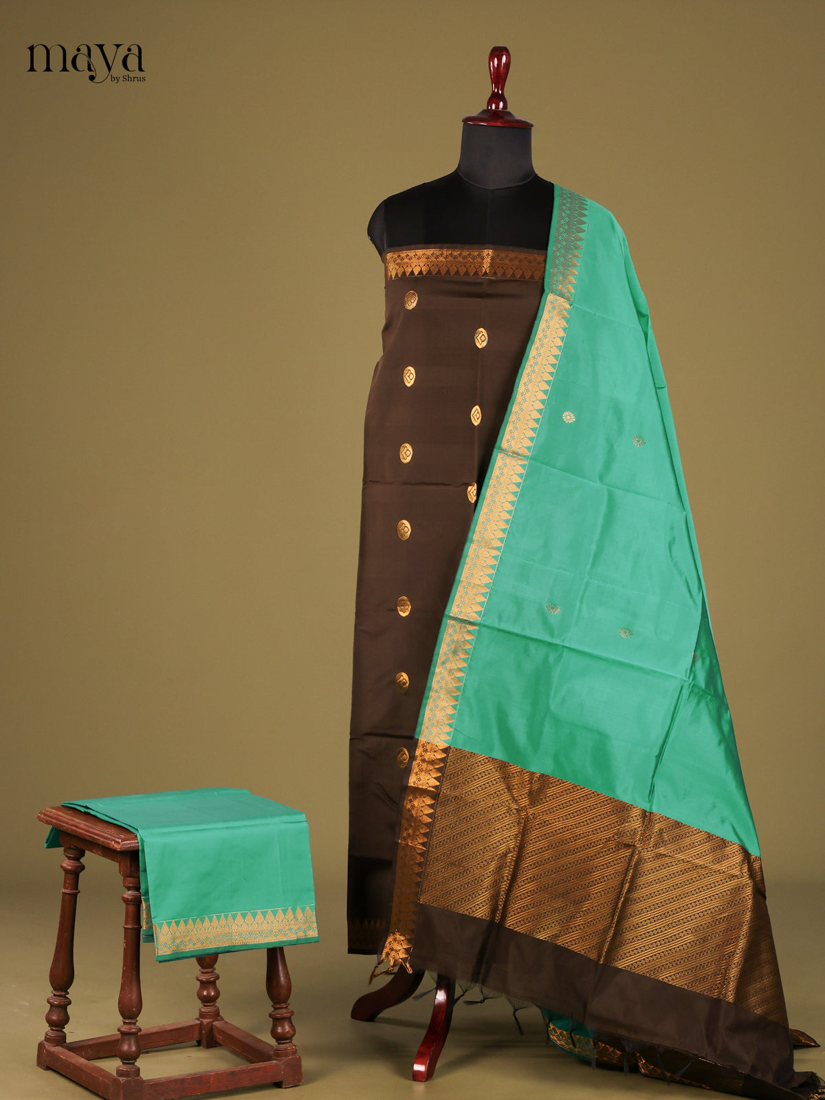 Classy Brown semi softsilk salwar unstitched with Green dupatta